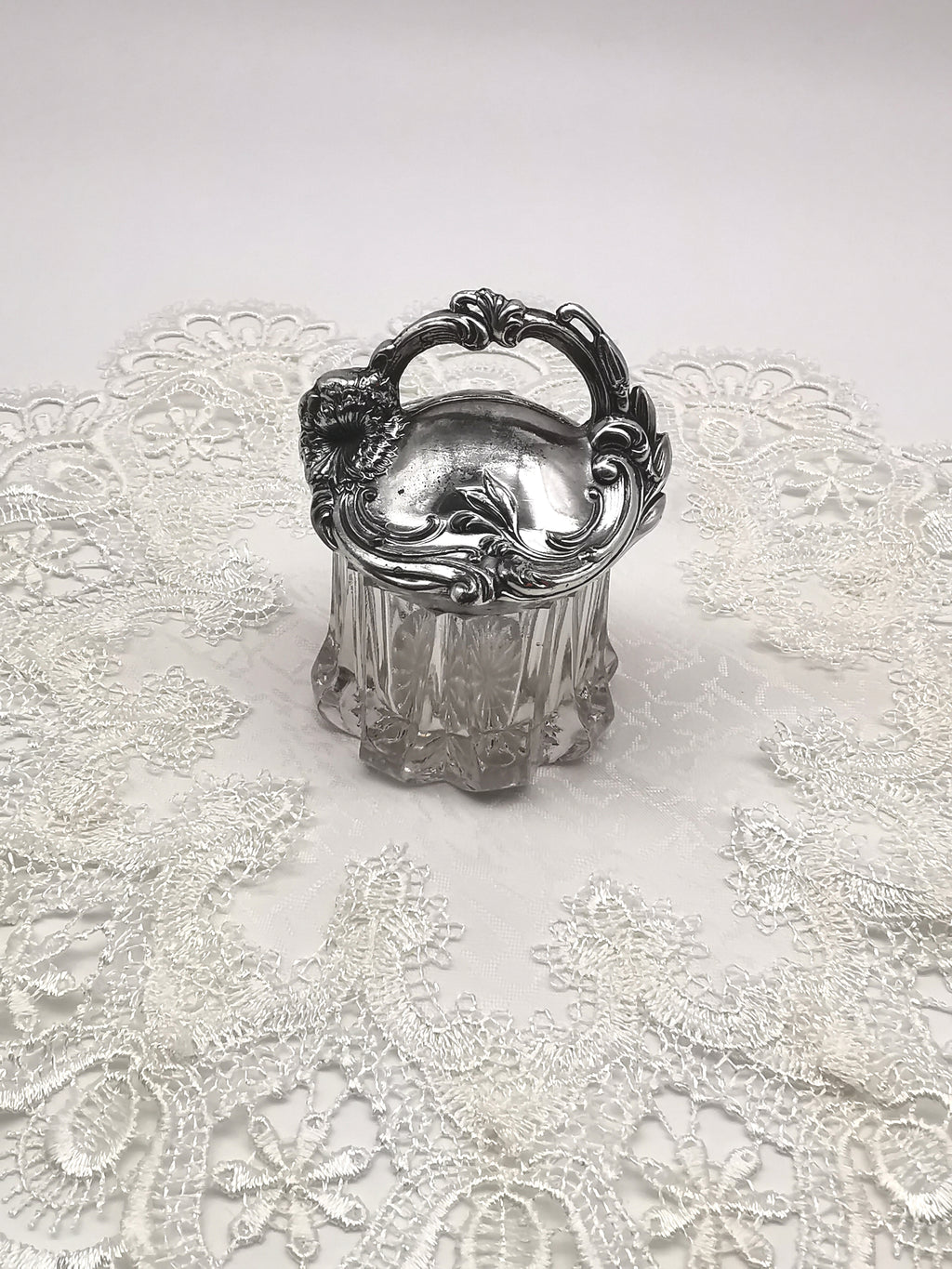 Antique Art Nouveau Silver Plated and Cut Glass Jar, Starburst Base Lidded Pot