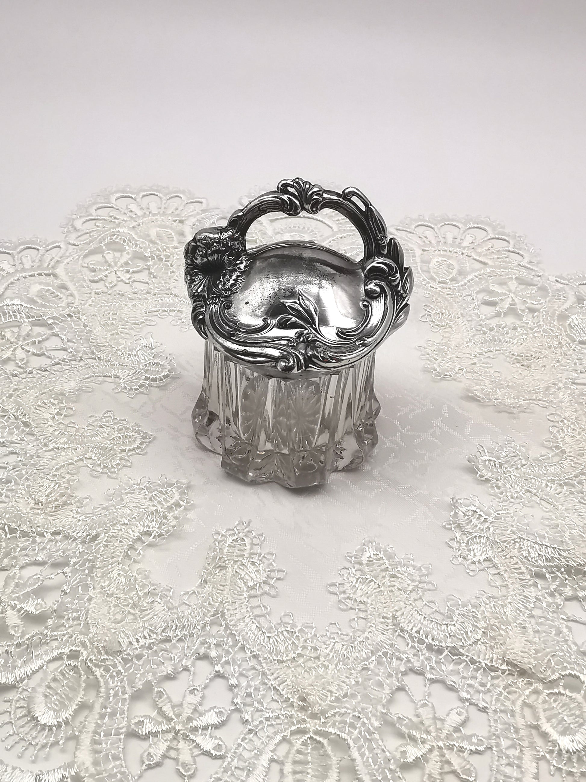 Antique Art Nouveau Silver Plated and Cut Glass Jar, Starburst Base Lidded Pot