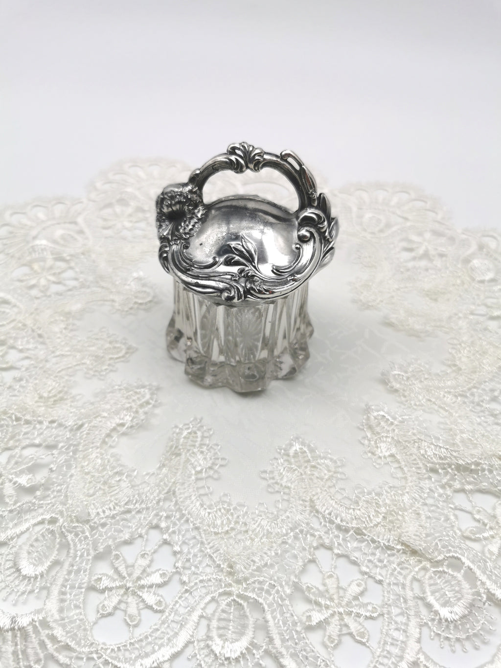 Antique Art Nouveau Silver Plated and Cut Glass Jar, Starburst Base Lidded Pot