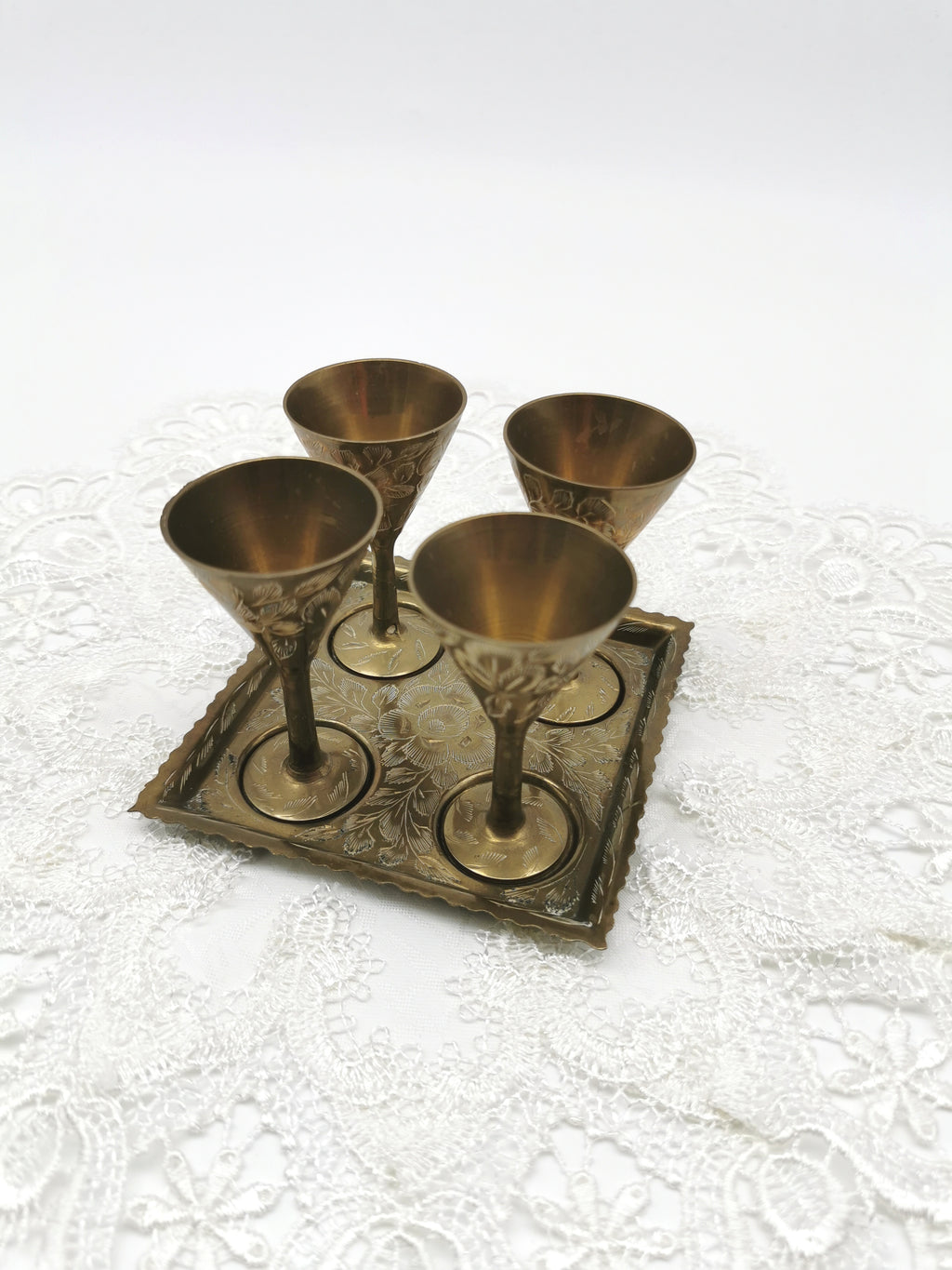 Vintage Indian Etched Brass Shot Glasses Set – 4 Mini Goblets with Matching Square Tray