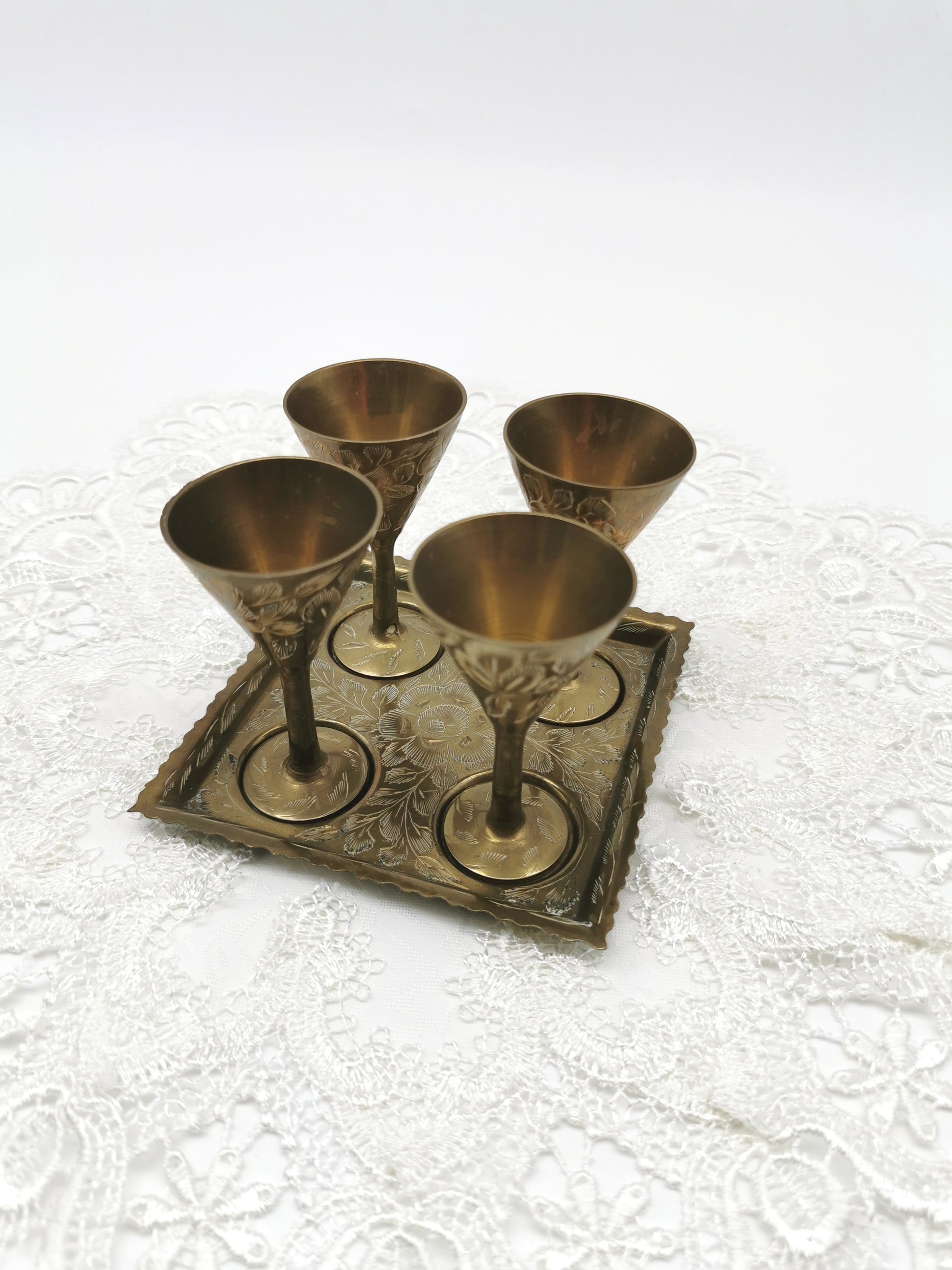 Vintage Indian Etched Brass Shot Glasses Set – 4 Mini Goblets with Matching Square Tray