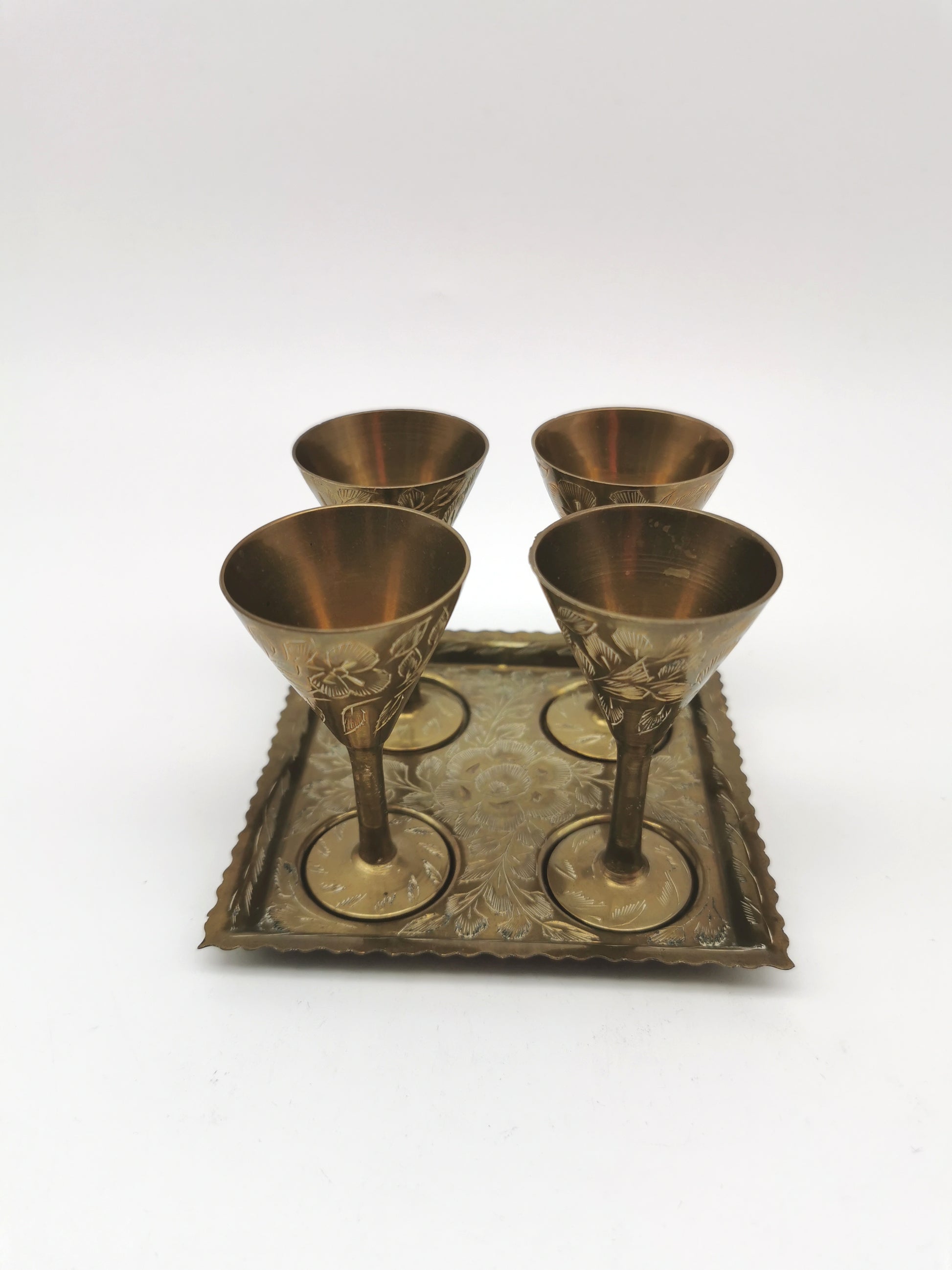 Vintage Indian Etched Brass Shot Glasses Set – 4 Mini Goblets with Matching Square Tray