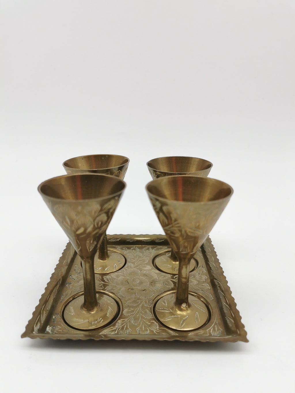 Vintage Indian Etched Brass Shot Glasses Set – 4 Mini Goblets with Matching Square Tray