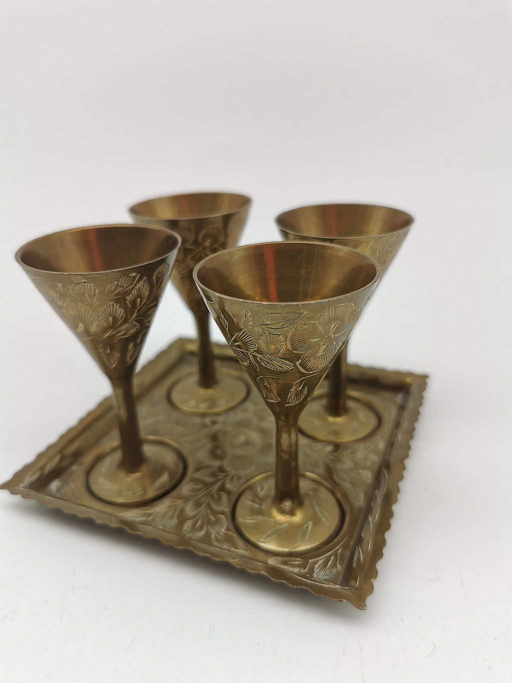 Vintage Indian Etched Brass Shot Glasses Set – 4 Mini Goblets with Matching Square Tray