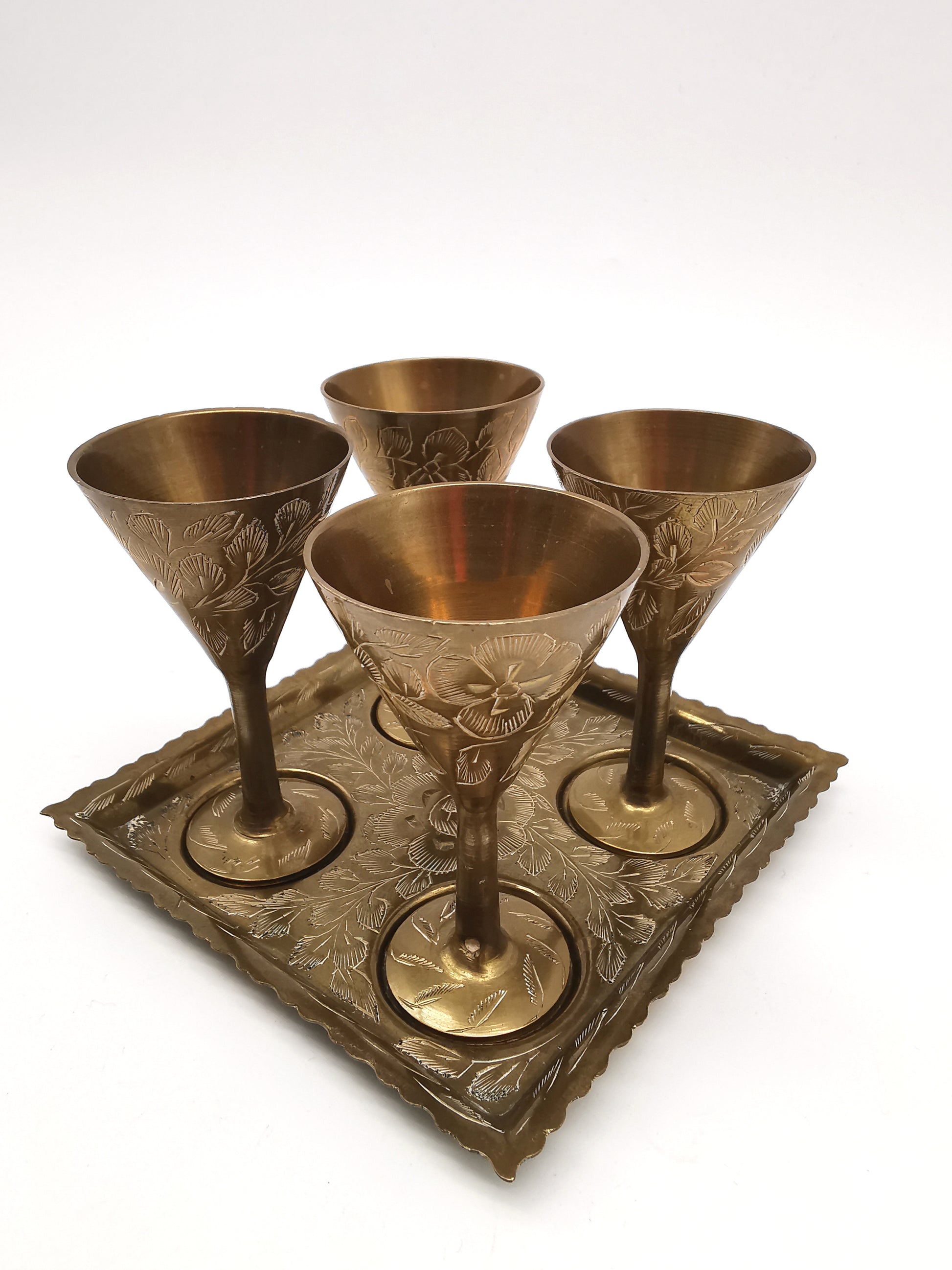 Vintage Indian Etched Brass Shot Glasses Set – 4 Mini Goblets with Matching Square Tray