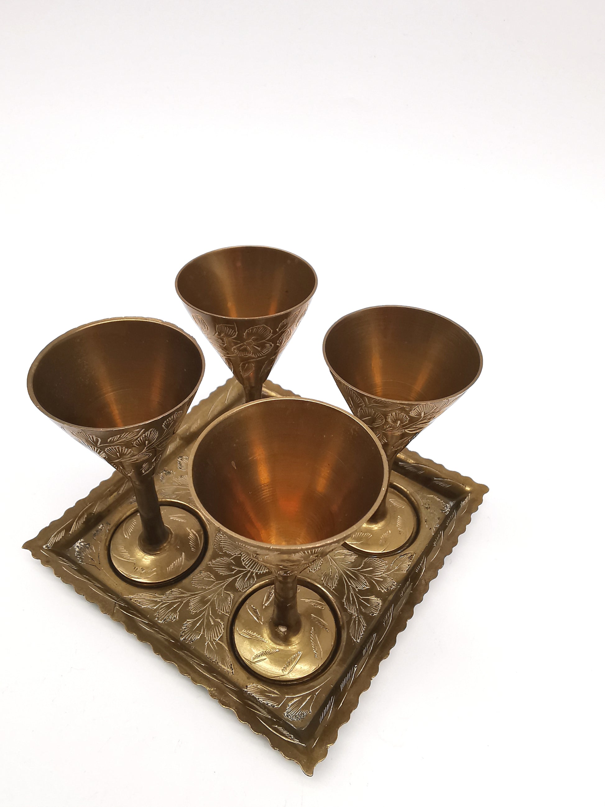 Vintage Indian Etched Brass Shot Glasses Set – 4 Mini Goblets with Matching Square Tray