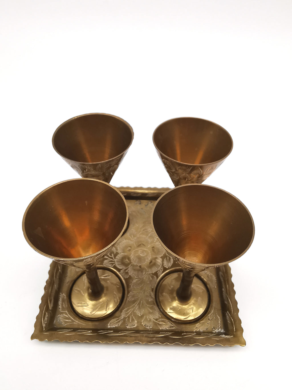 Vintage Indian Etched Brass Shot Glasses Set – 4 Mini Goblets with Matching Square Tray