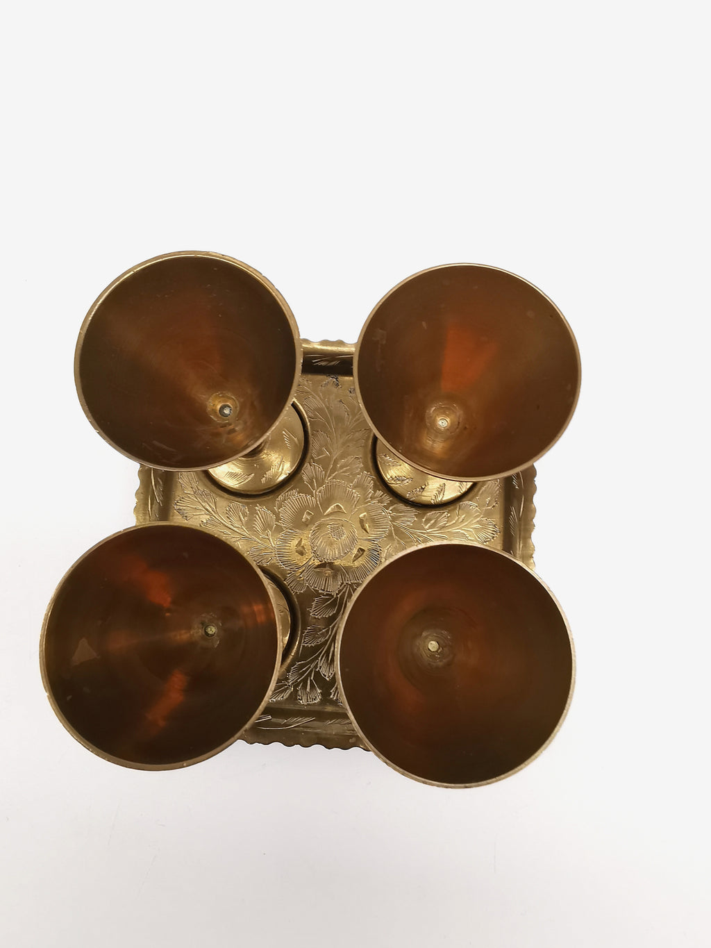 Vintage Indian Etched Brass Shot Glasses Set – 4 Mini Goblets with Matching Square Tray