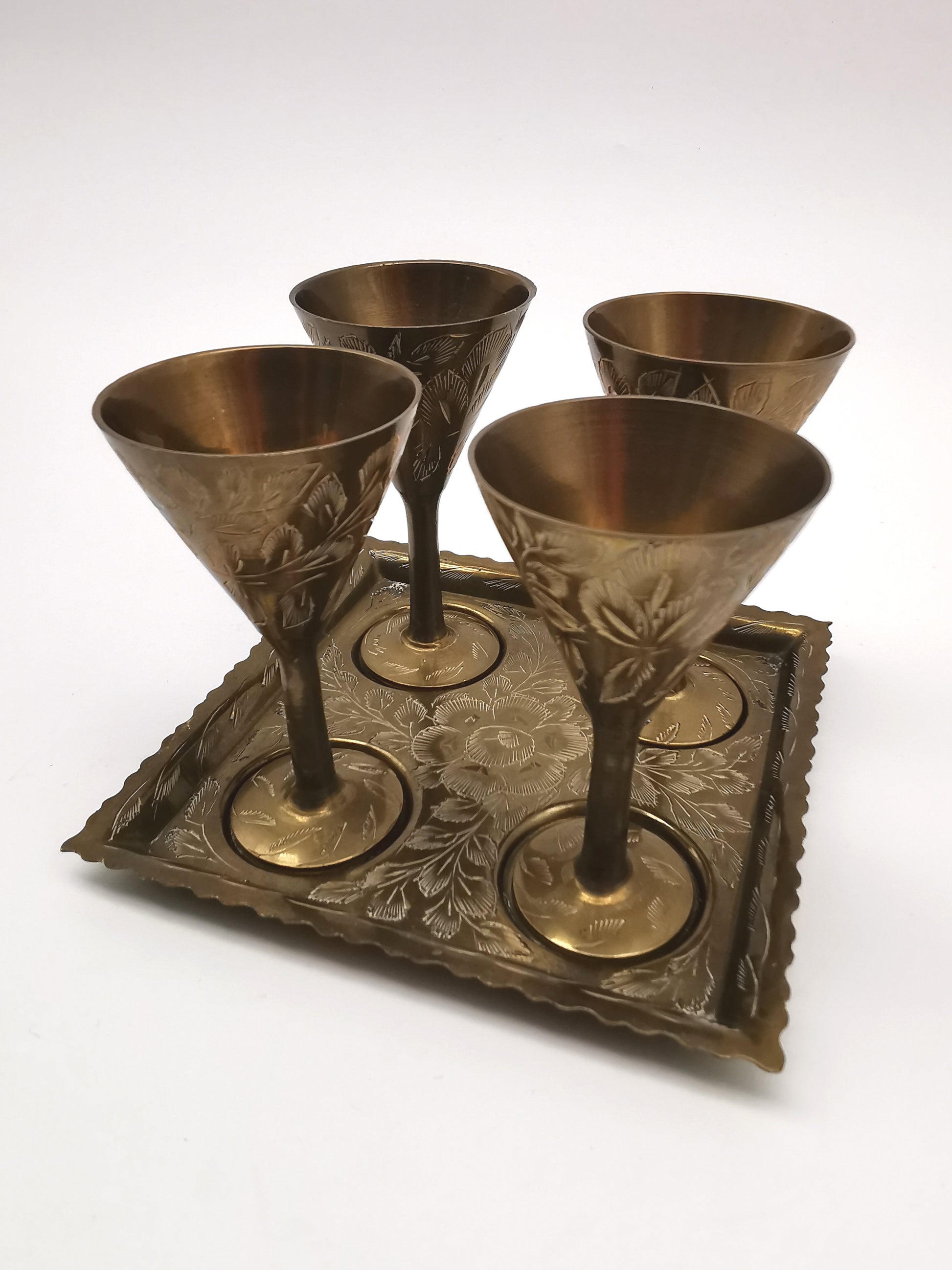 Vintage Indian Etched Brass Shot Glasses Set – 4 Mini Goblets with Matching Square Tray