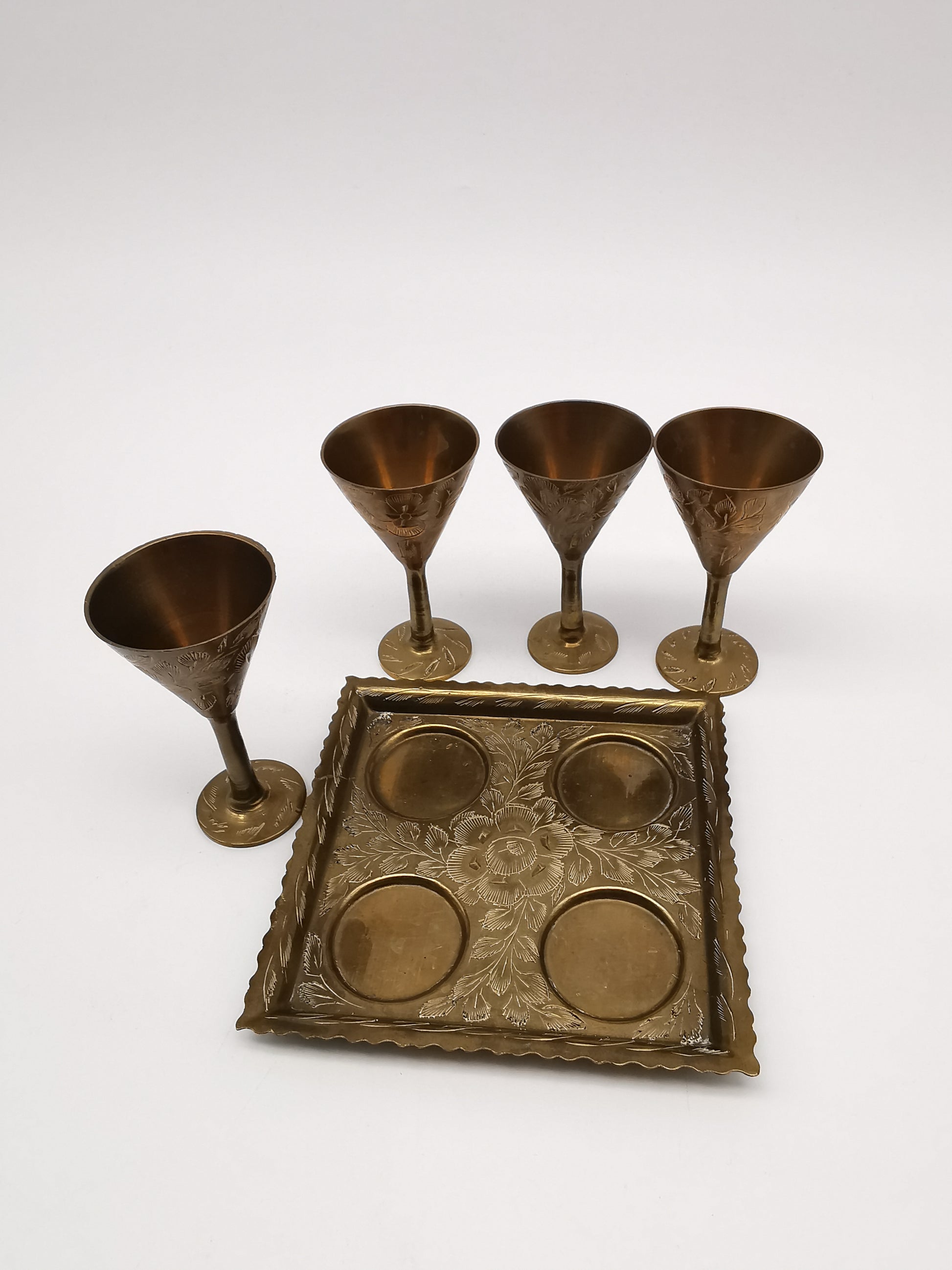 Vintage Indian Etched Brass Shot Glasses Set – 4 Mini Goblets with Matching Square Tray