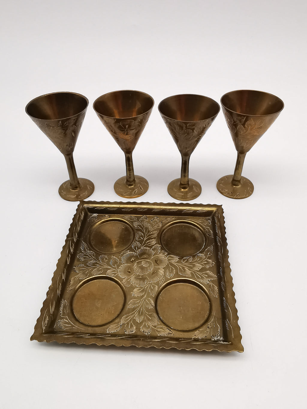 Vintage Indian Etched Brass Shot Glasses Set – 4 Mini Goblets with Matching Square Tray