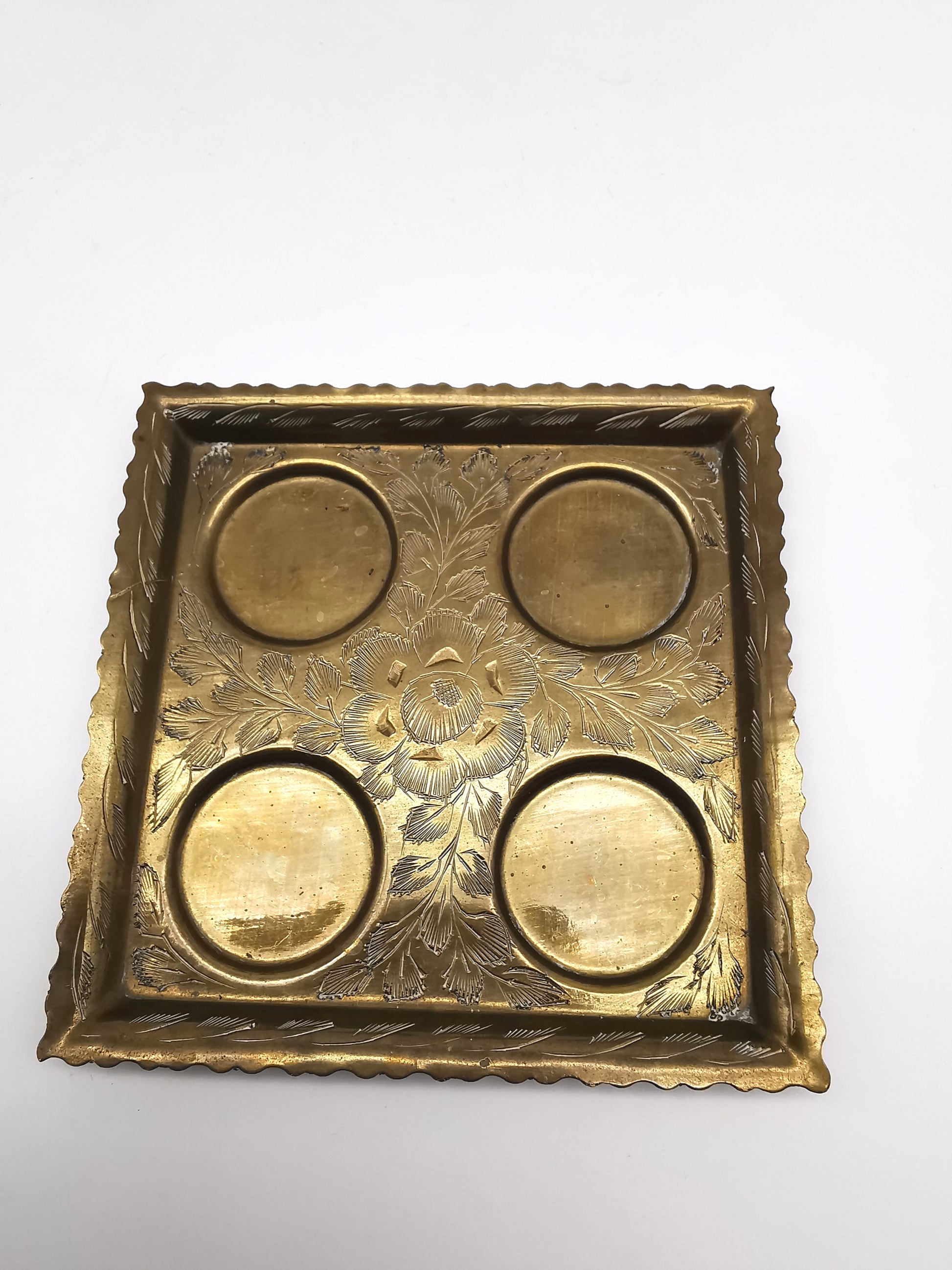 Vintage Indian Etched Brass Shot Glasses Set – 4 Mini Goblets with Matching Square Tray