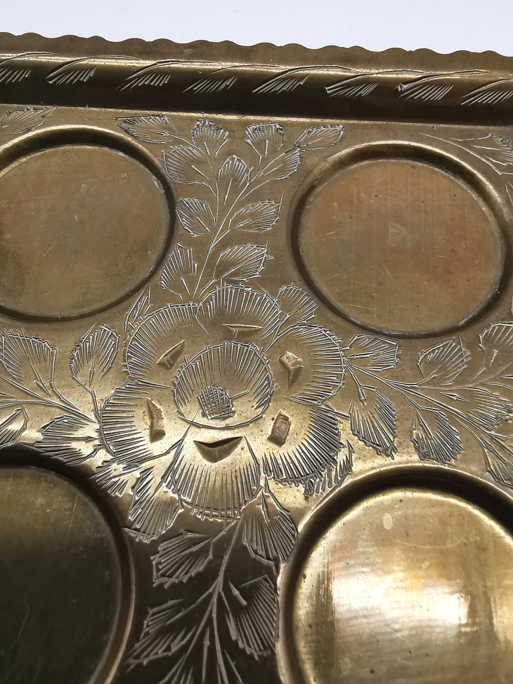 Vintage Indian Etched Brass Shot Glasses Set – 4 Mini Goblets with Matching Square Tray