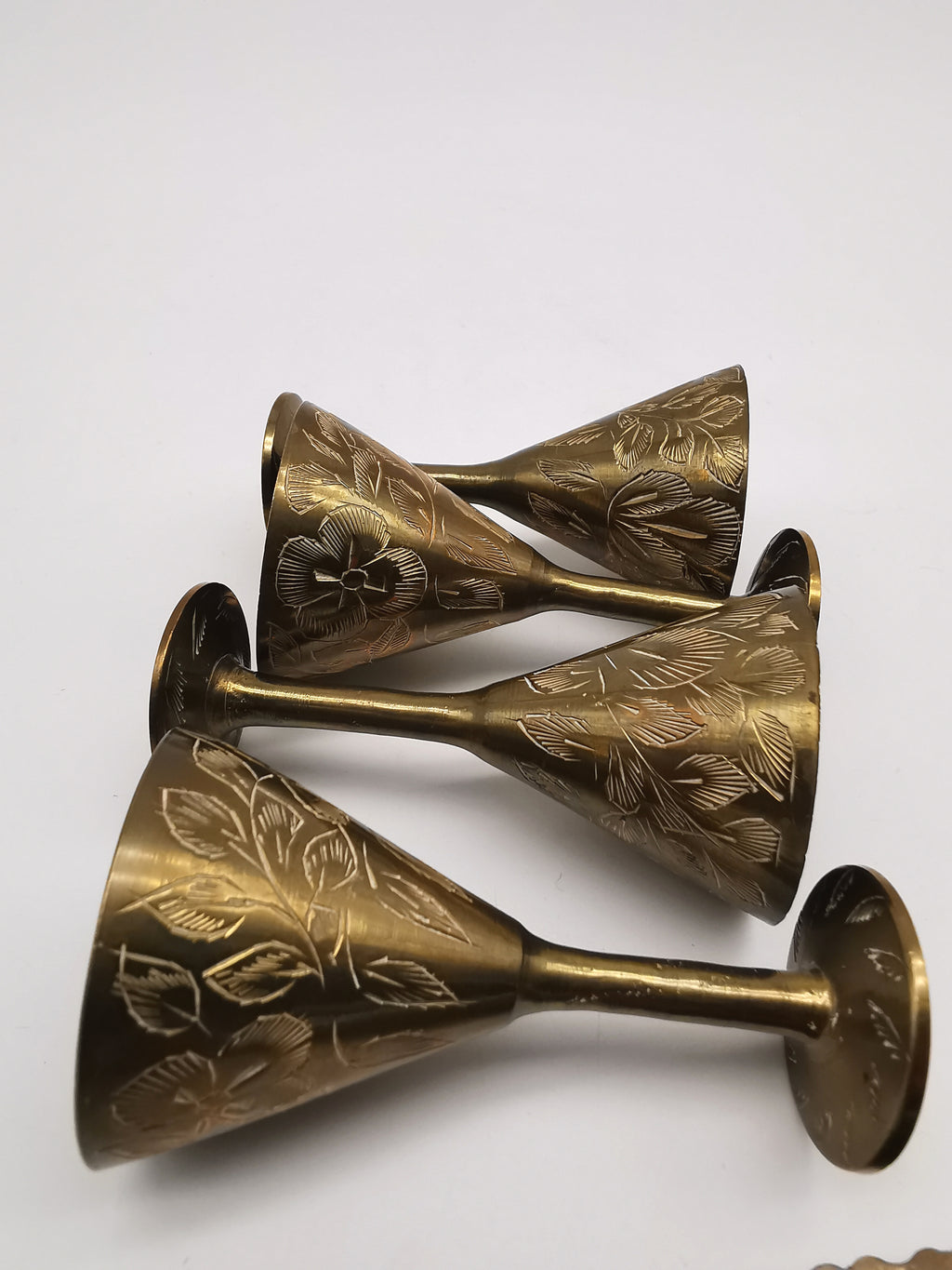 Vintage Indian Etched Brass Shot Glasses Set – 4 Mini Goblets with Matching Square Tray