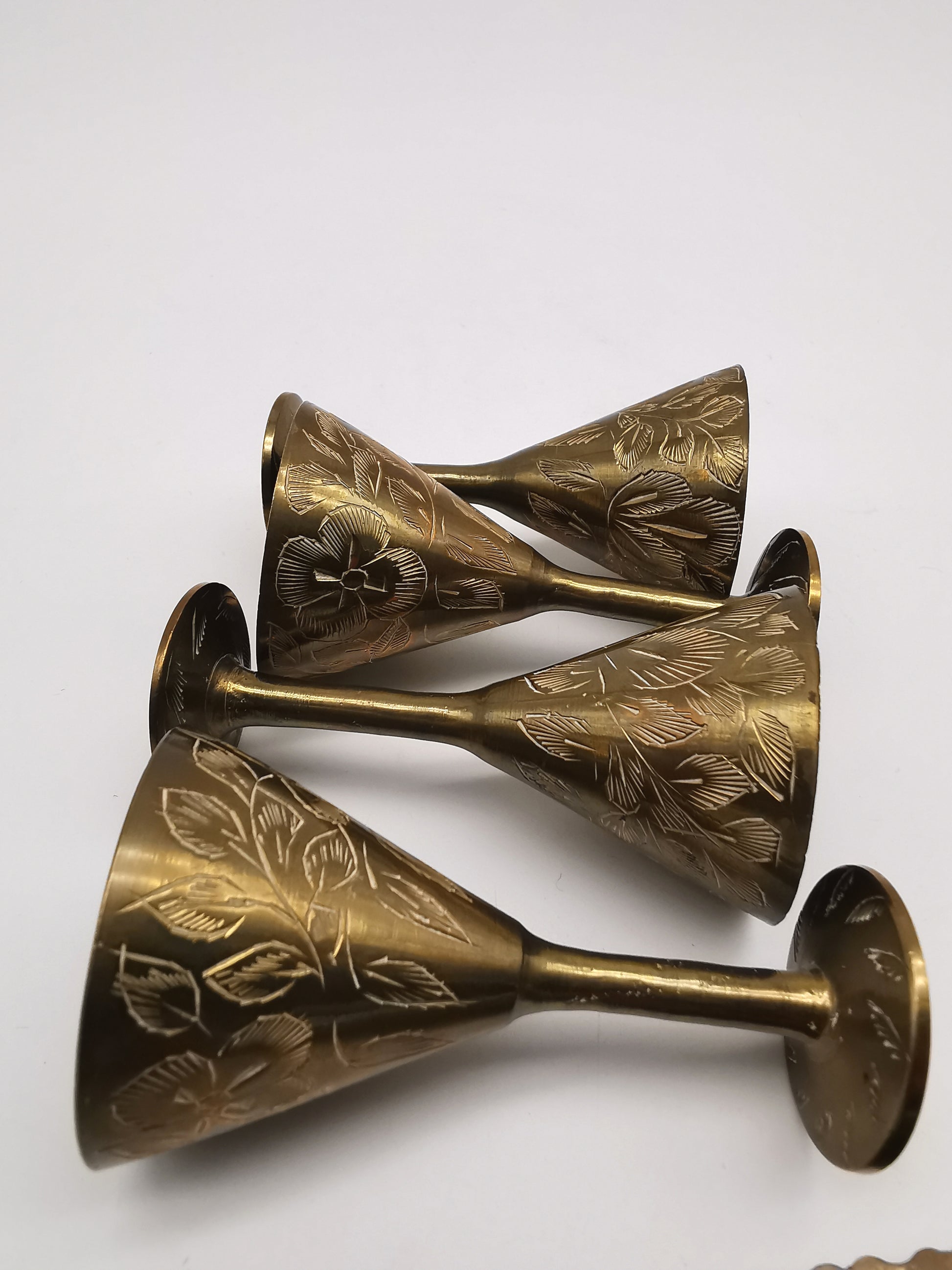 Vintage Indian Etched Brass Shot Glasses Set – 4 Mini Goblets with Matching Square Tray