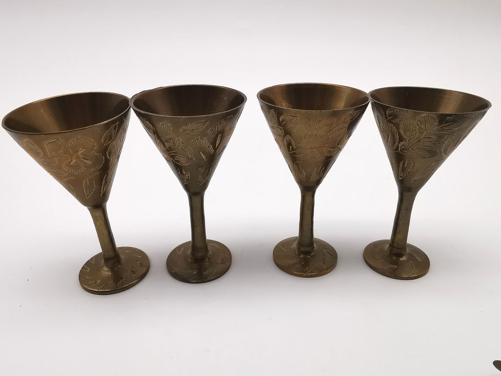 Vintage Indian Etched Brass Shot Glasses Set – 4 Mini Goblets with Matching Square Tray