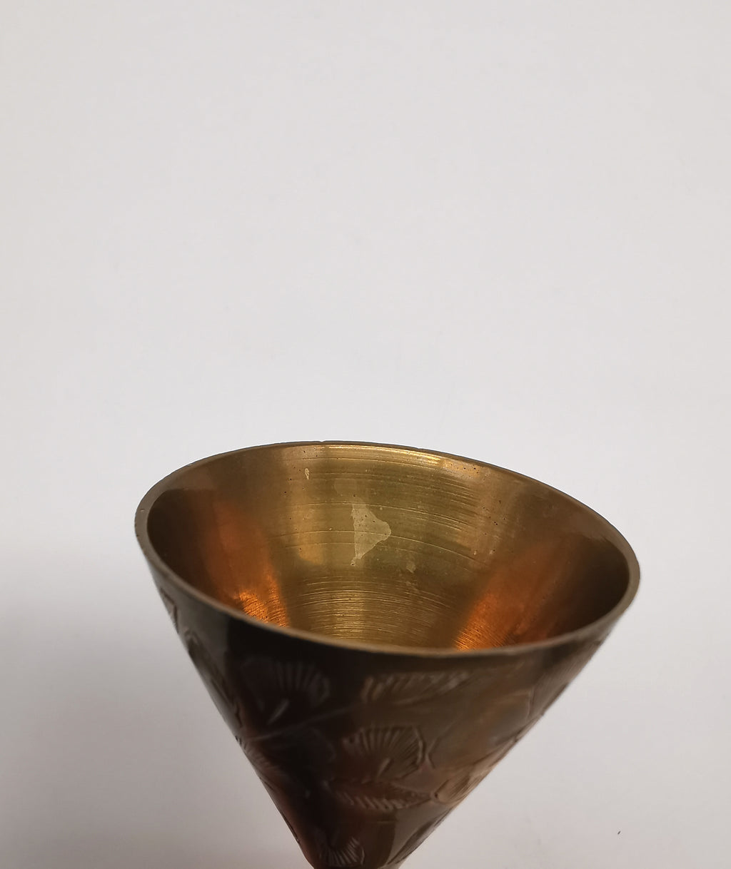Vintage Indian Etched Brass Shot Glasses Set – 4 Mini Goblets with Matching Square Tray