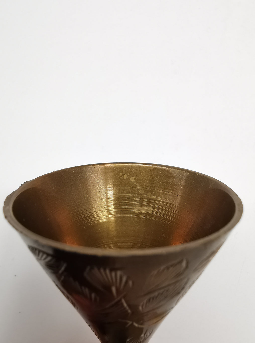 Vintage Indian Etched Brass Shot Glasses Set – 4 Mini Goblets with Matching Square Tray