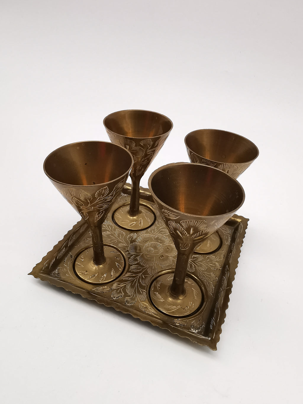 Vintage Indian Etched Brass Shot Glasses Set – 4 Mini Goblets with Matching Square Tray
