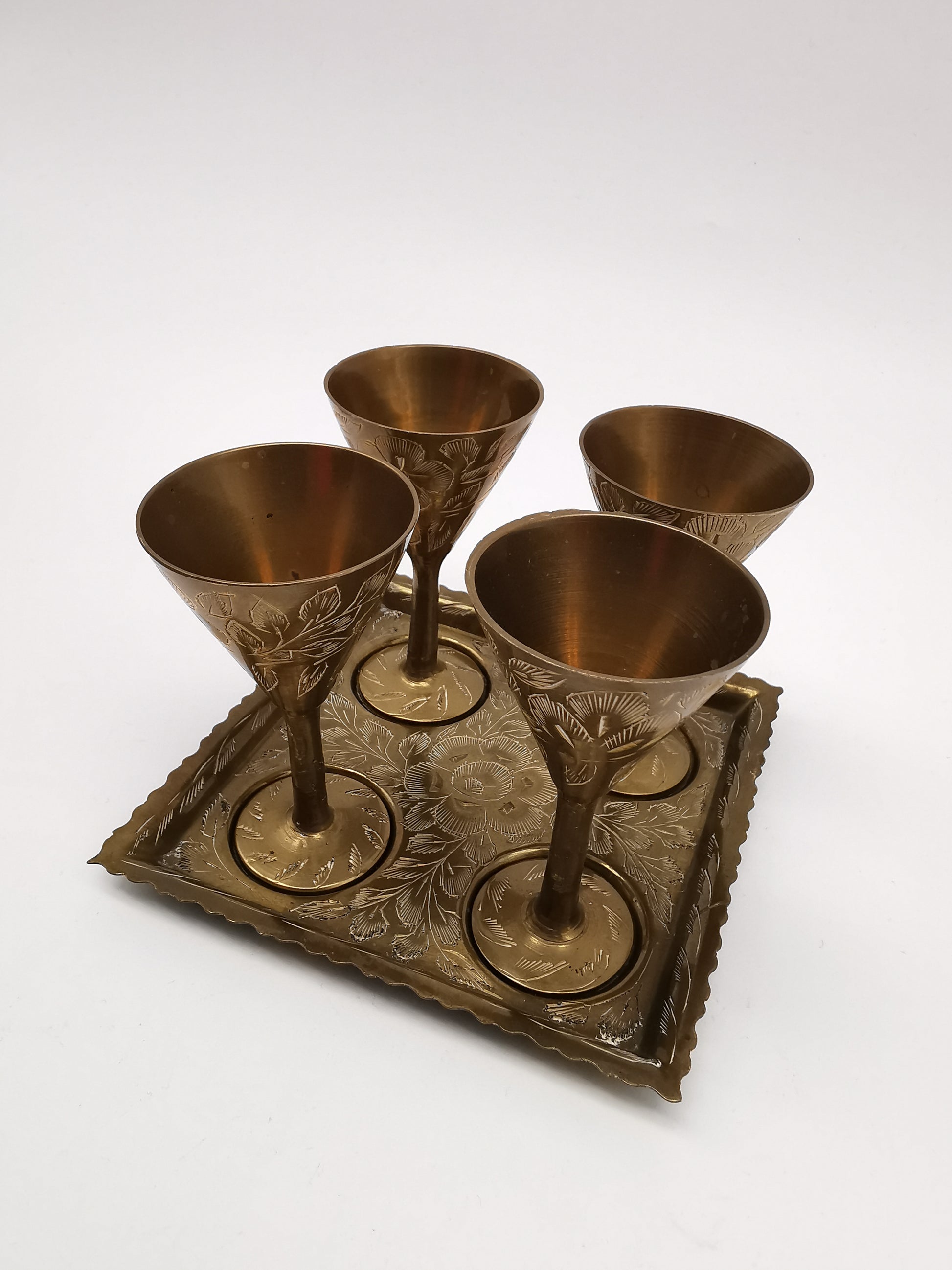 Vintage Indian Etched Brass Shot Glasses Set – 4 Mini Goblets with Matching Square Tray