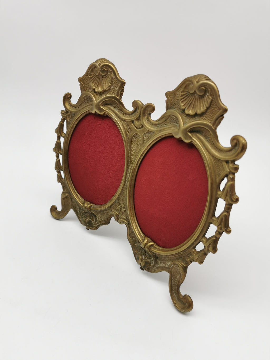 Vintage Ornate Solid Brass Rococo Style Double Oval Photo Frame, With Custom Velvet Inserts