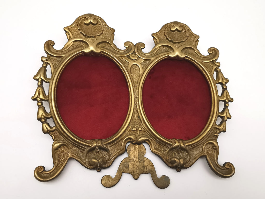 Vintage Ornate Solid Brass Rococo Style Double Oval Photo Frame, With Custom Velvet Inserts