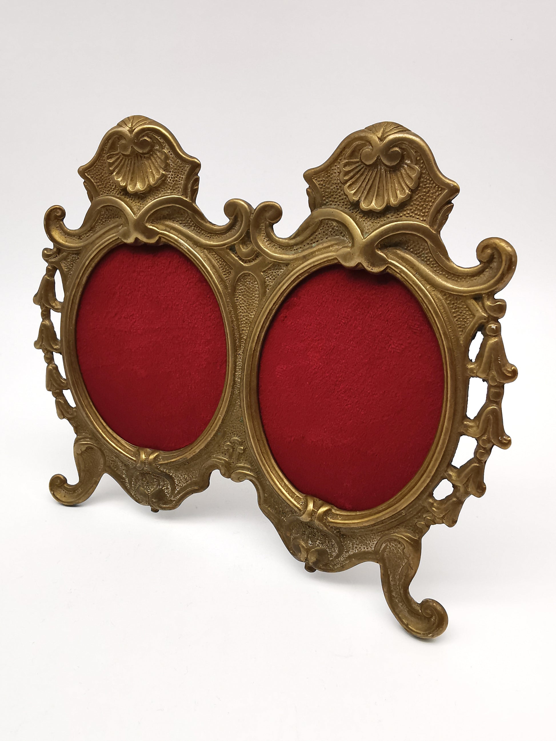 Vintage Ornate Solid Brass Rococo Style Double Oval Photo Frame, With Custom Velvet Inserts
