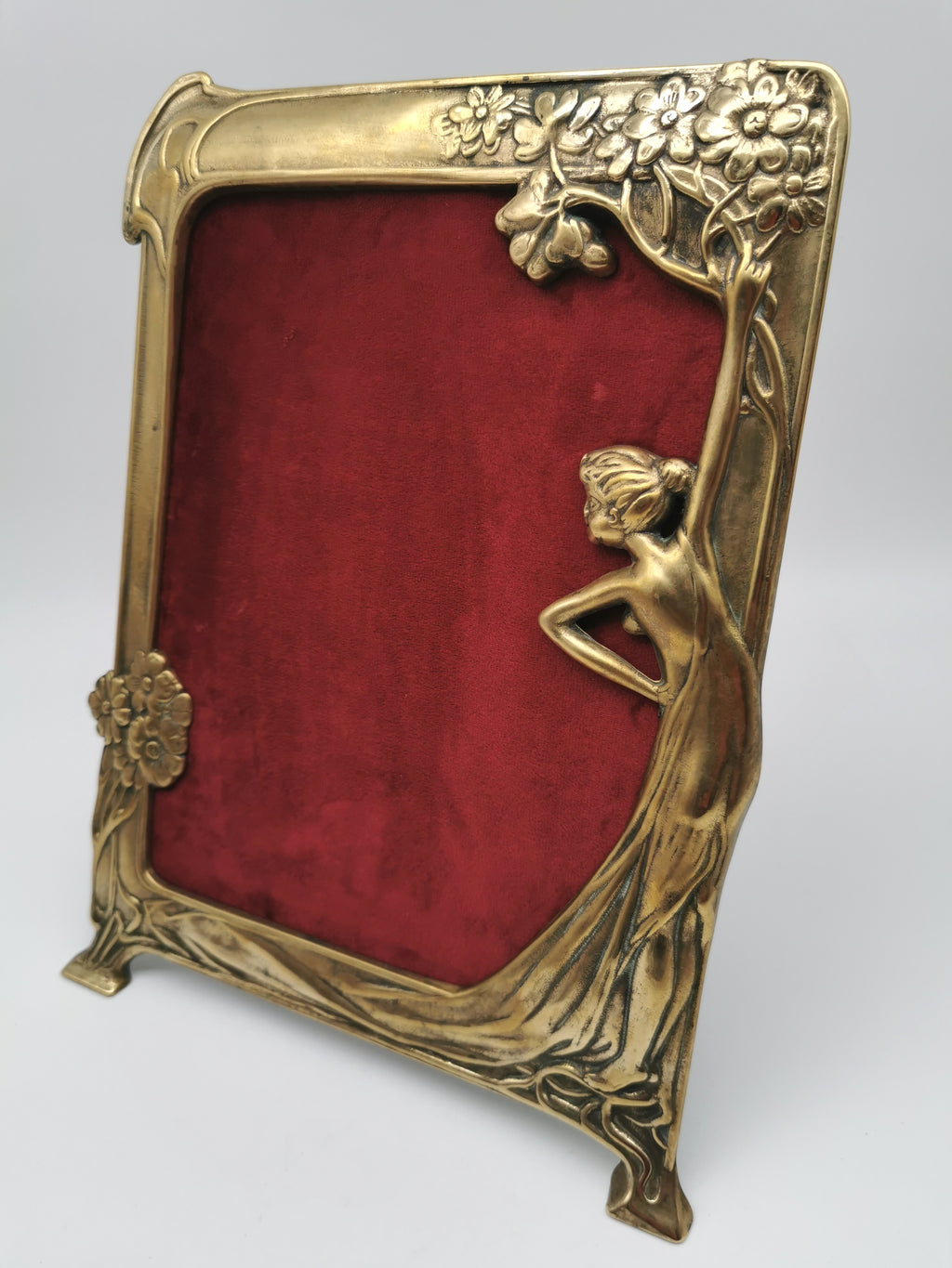 Vintage Art Nouveau Style Large Brass Nymph and Floral Picture Frame, 34cm height