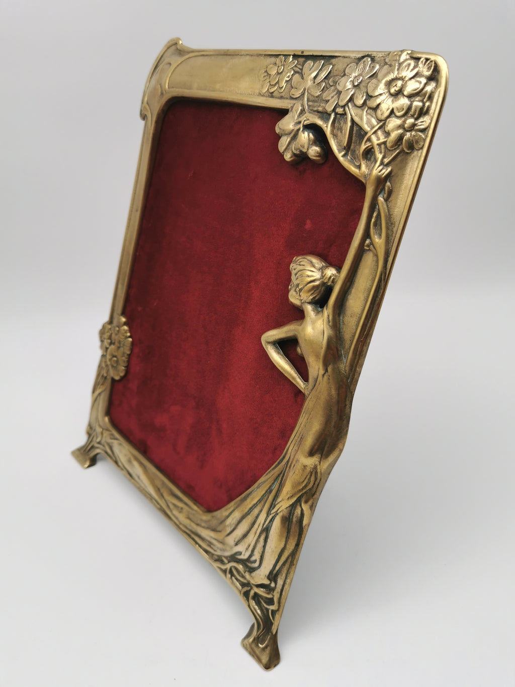 Vintage Art Nouveau Style Large Brass Nymph and Floral Picture Frame, 34cm height