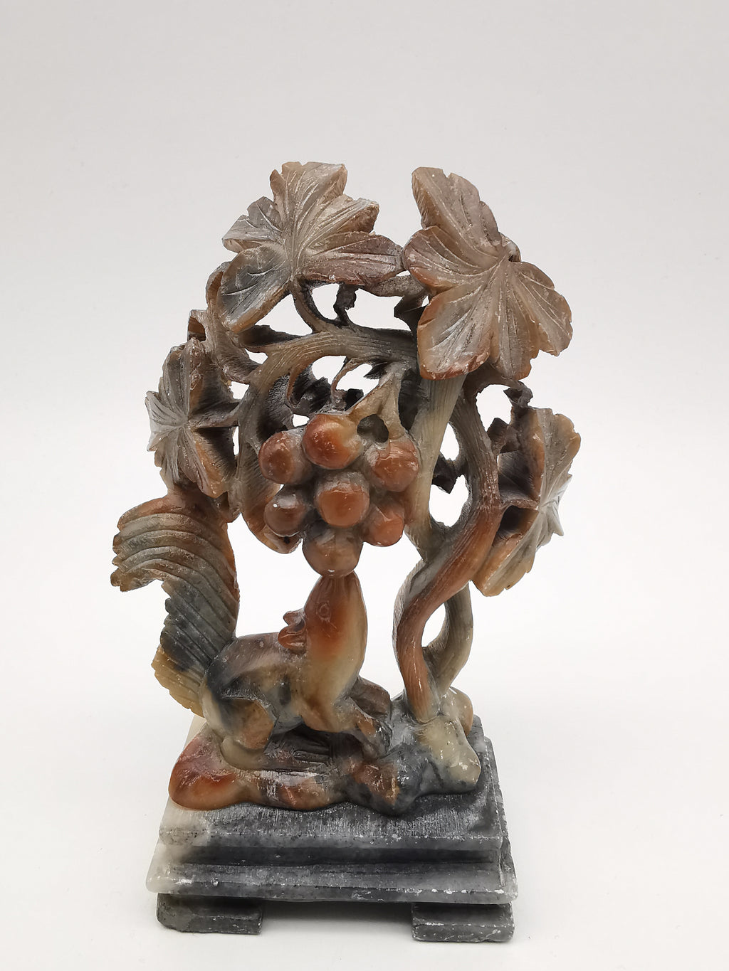 Vintage Chinese Hand-Carved Soapstone Sculpture – Squirrel and Grapes Motif
