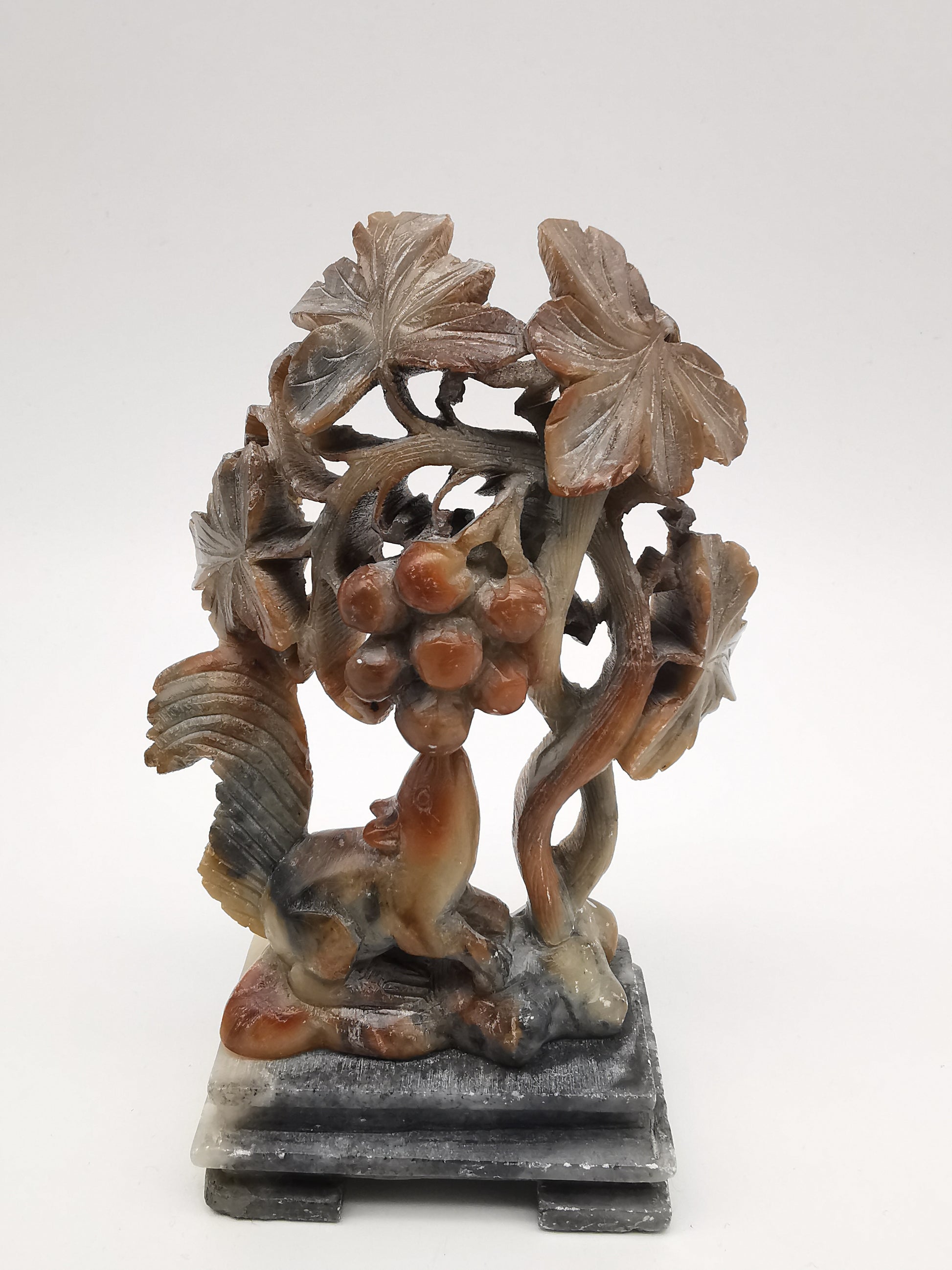Vintage Chinese Hand-Carved Soapstone Sculpture – Squirrel and Grapes Motif
