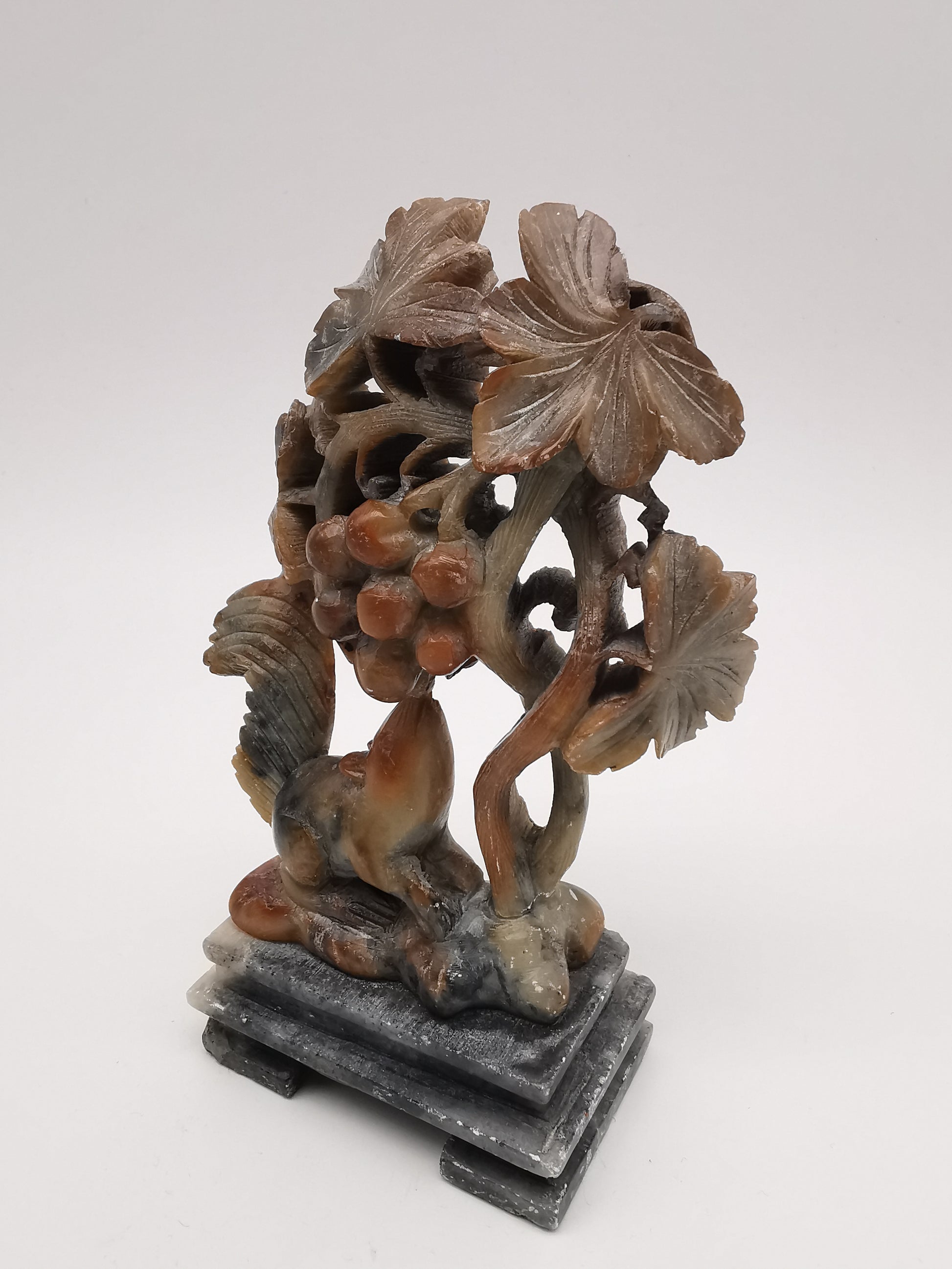 Vintage Chinese Hand-Carved Soapstone Sculpture – Squirrel and Grapes Motif