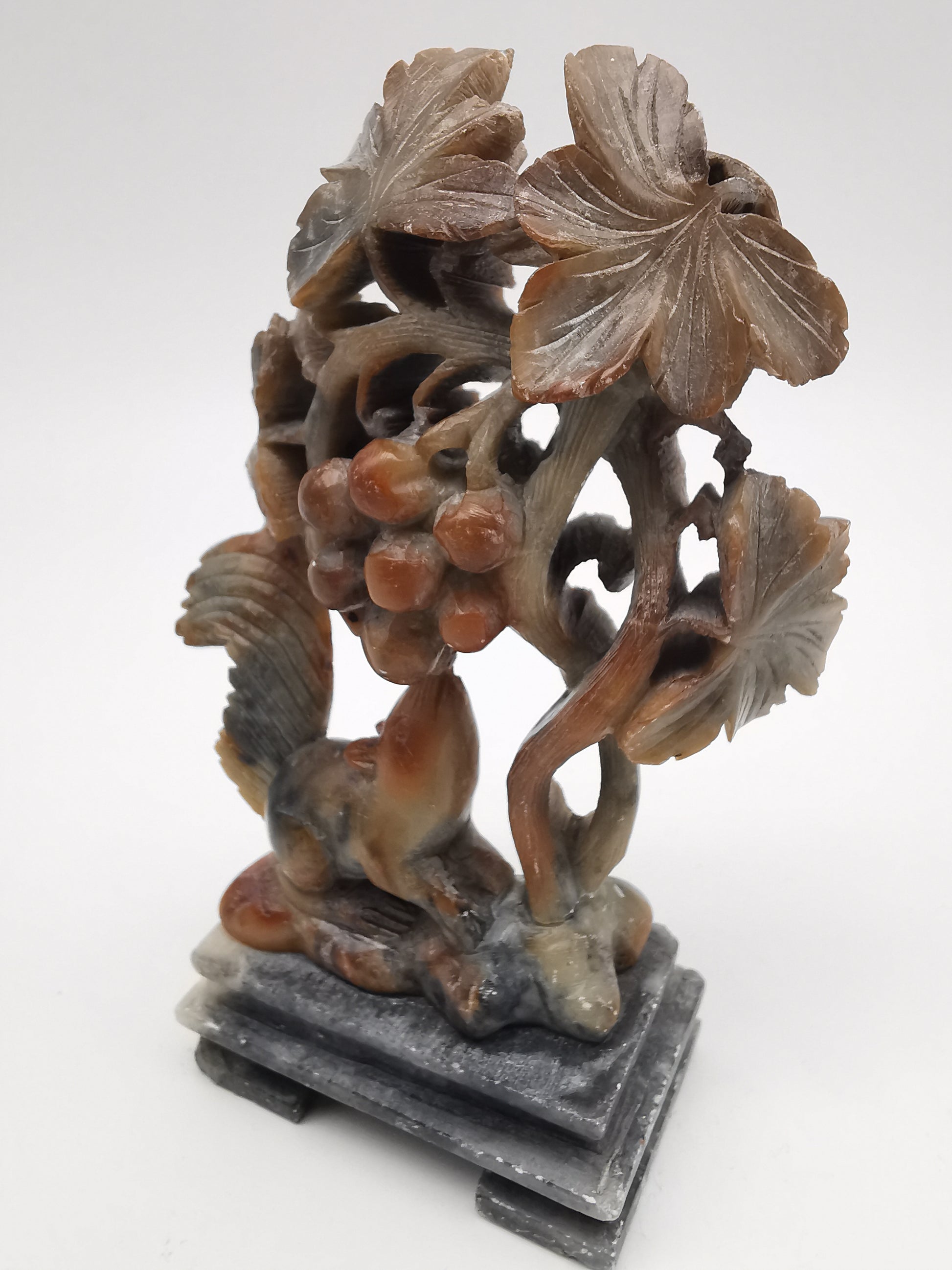 Vintage Chinese Hand-Carved Soapstone Sculpture – Squirrel and Grapes Motif