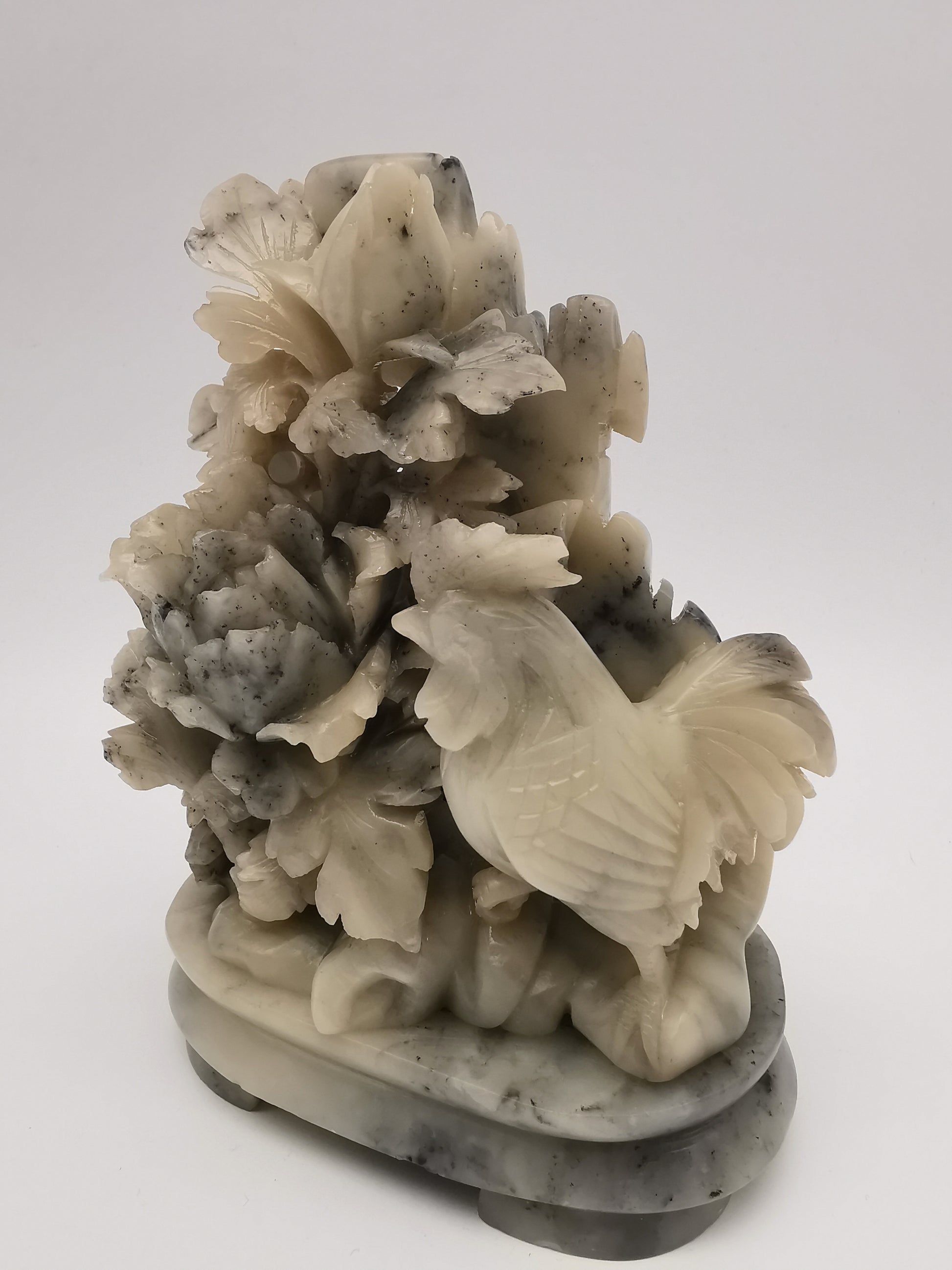 Vintage Chinese Hand-Carved Soapstone Rooster and Peony Blossom Sculpture