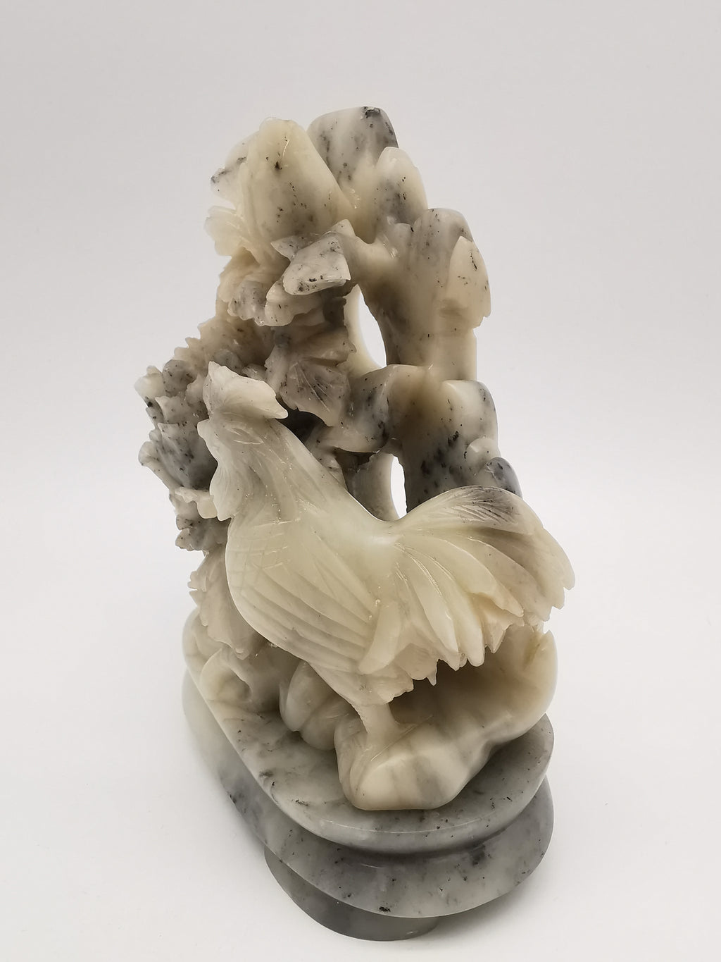 Vintage Chinese Hand-Carved Soapstone Rooster and Peony Blossom Sculpture