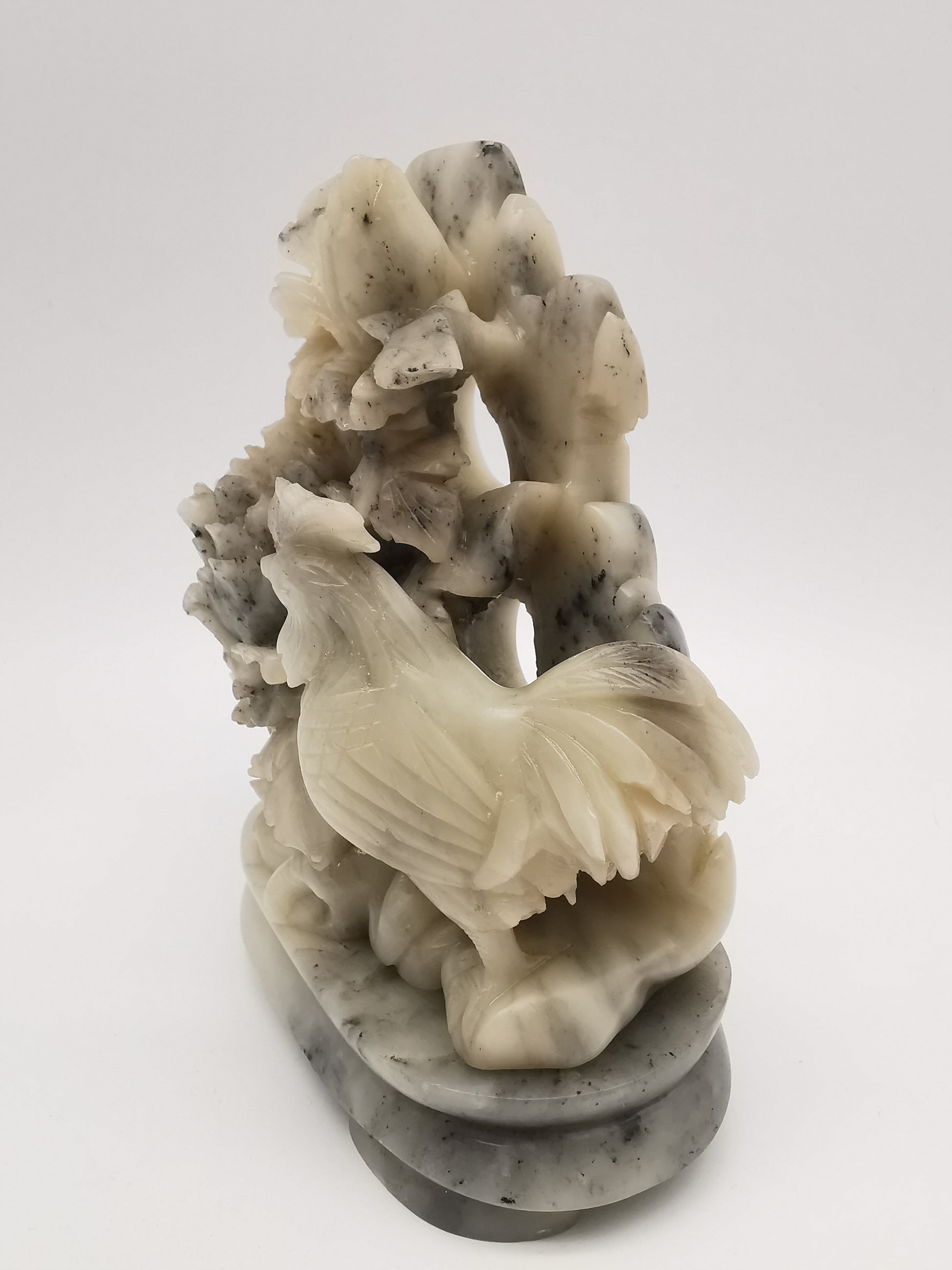 Vintage Chinese Hand-Carved Soapstone Rooster and Peony Blossom Sculpture