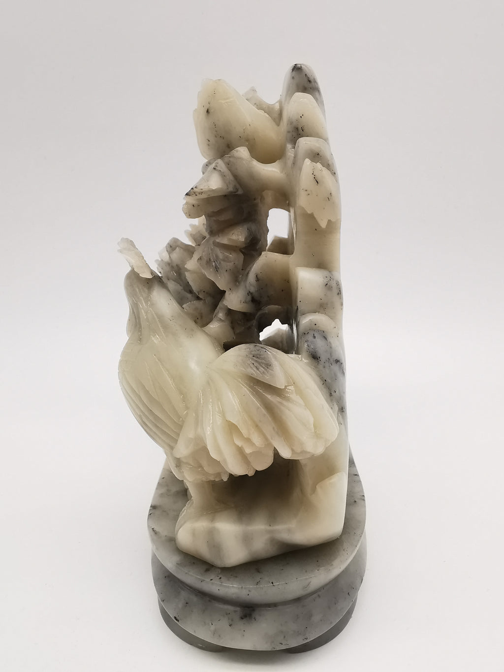 Vintage Chinese Hand-Carved Soapstone Rooster and Peony Blossom Sculpture