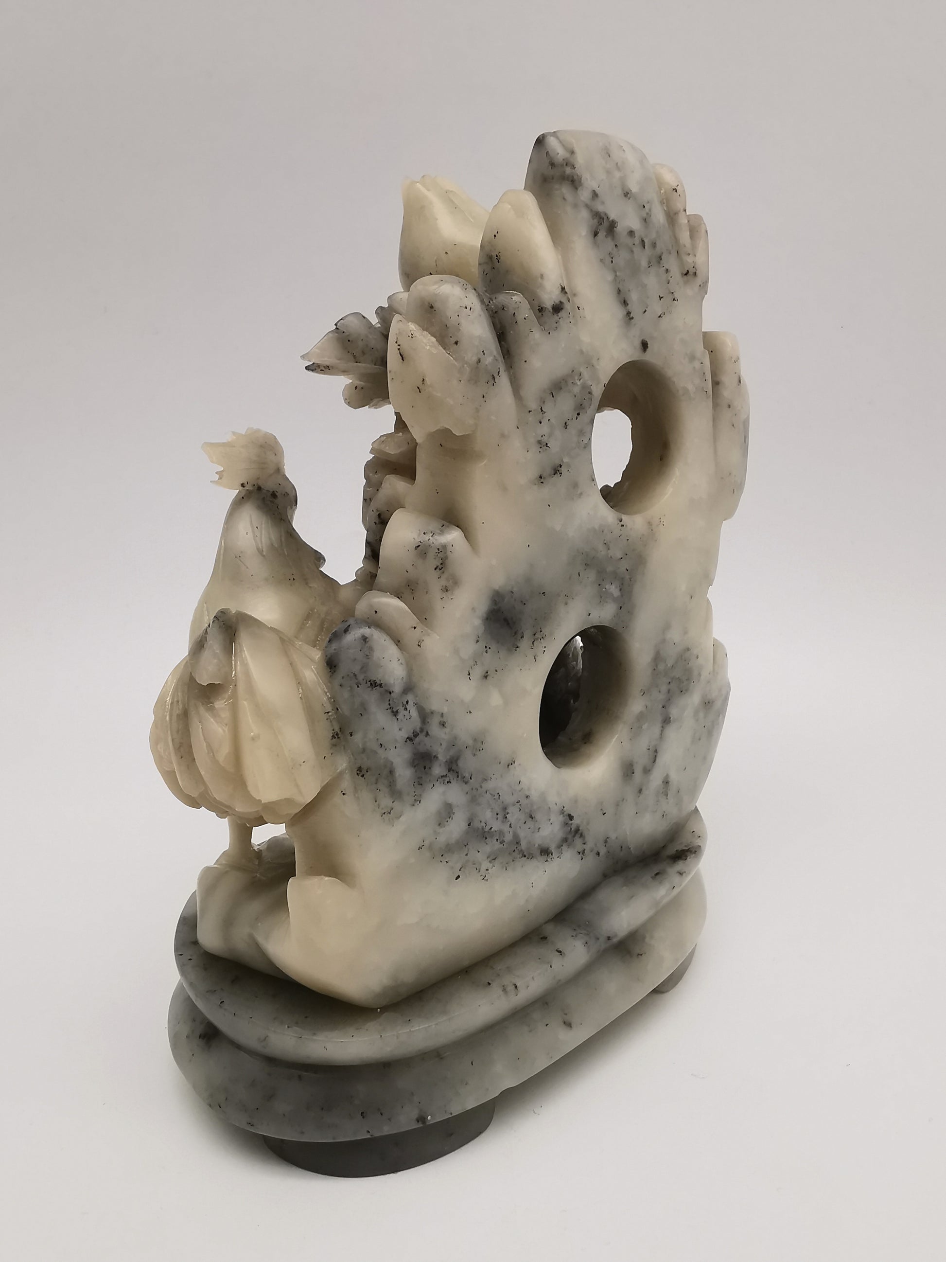 Vintage Chinese Hand-Carved Soapstone Rooster and Peony Blossom Sculpture