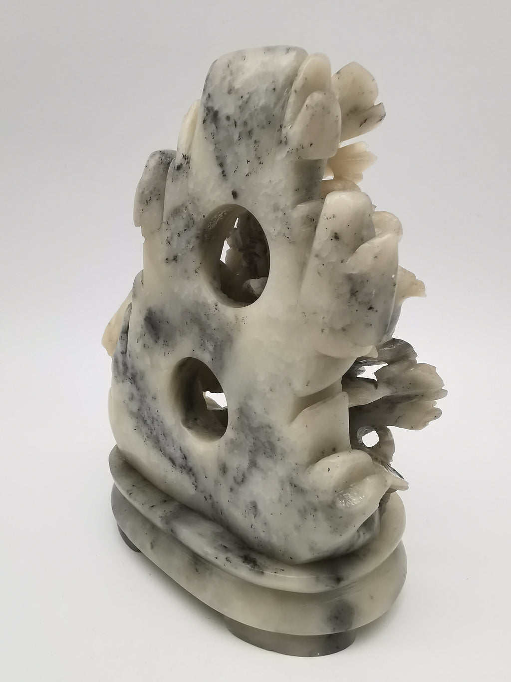 Vintage Chinese Hand-Carved Soapstone Rooster and Peony Blossom Sculpture