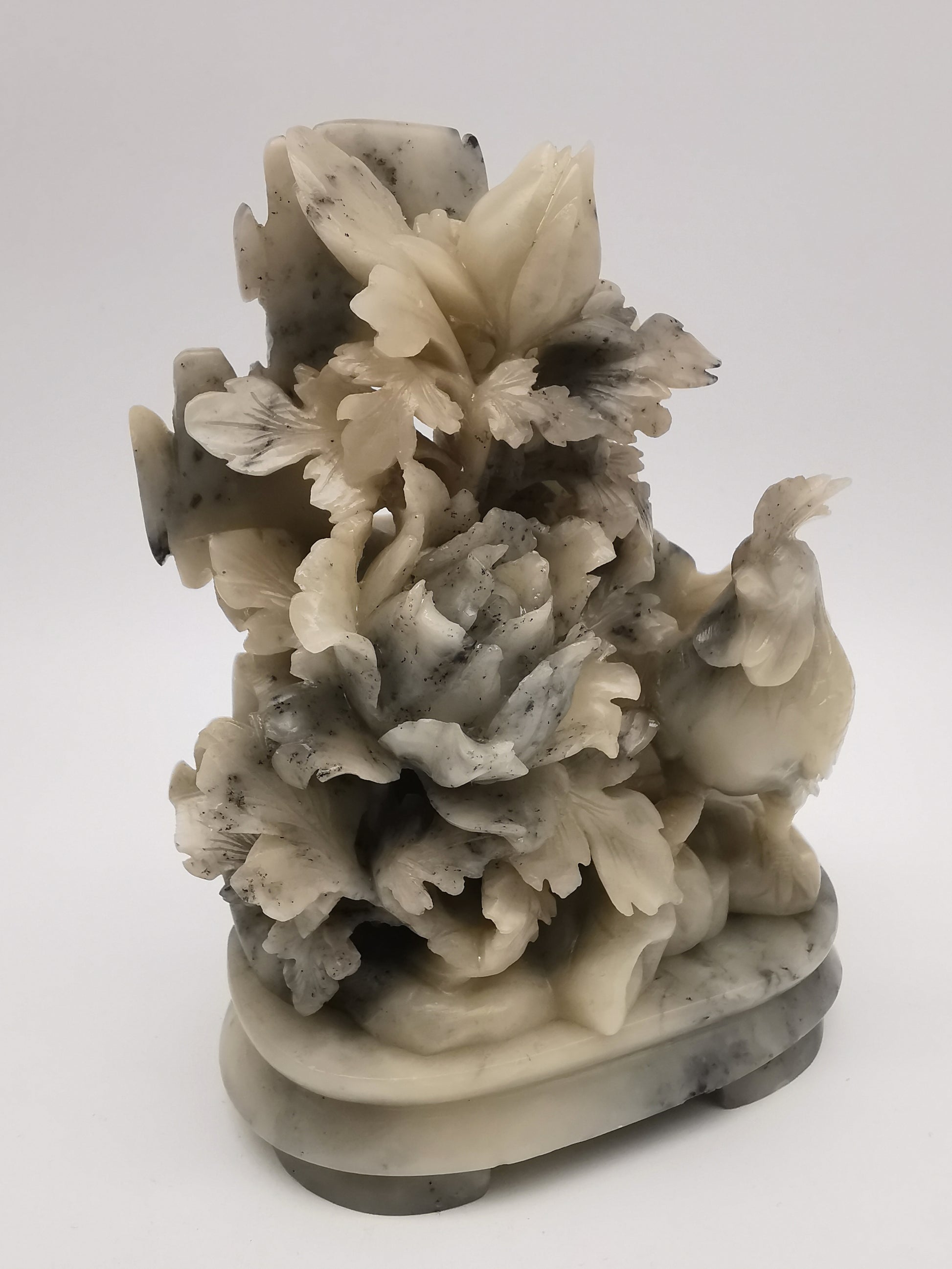 Vintage Chinese Hand-Carved Soapstone Rooster and Peony Blossom Sculpture