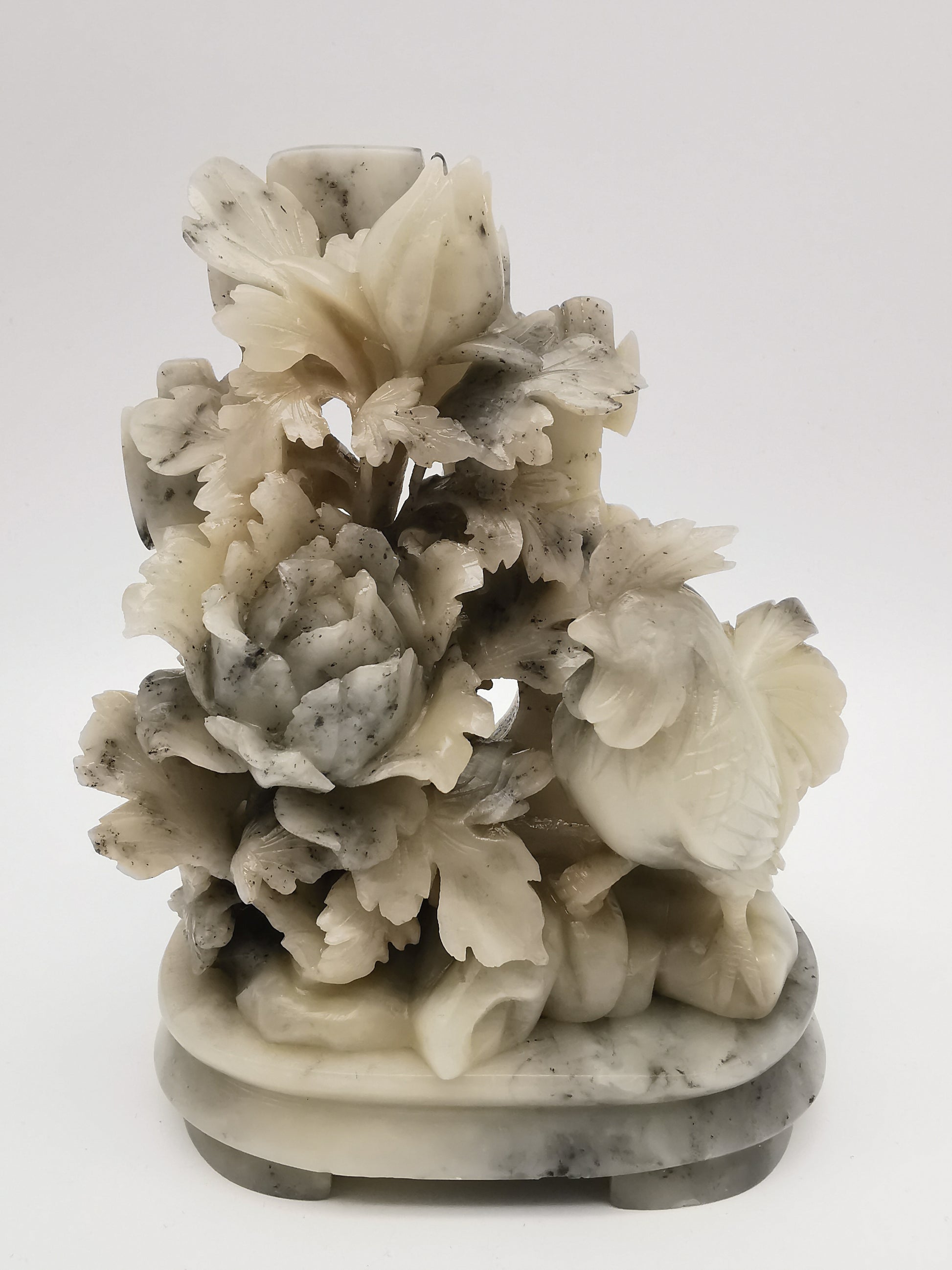 Vintage Chinese Hand-Carved Soapstone Rooster and Peony Blossom Sculpture