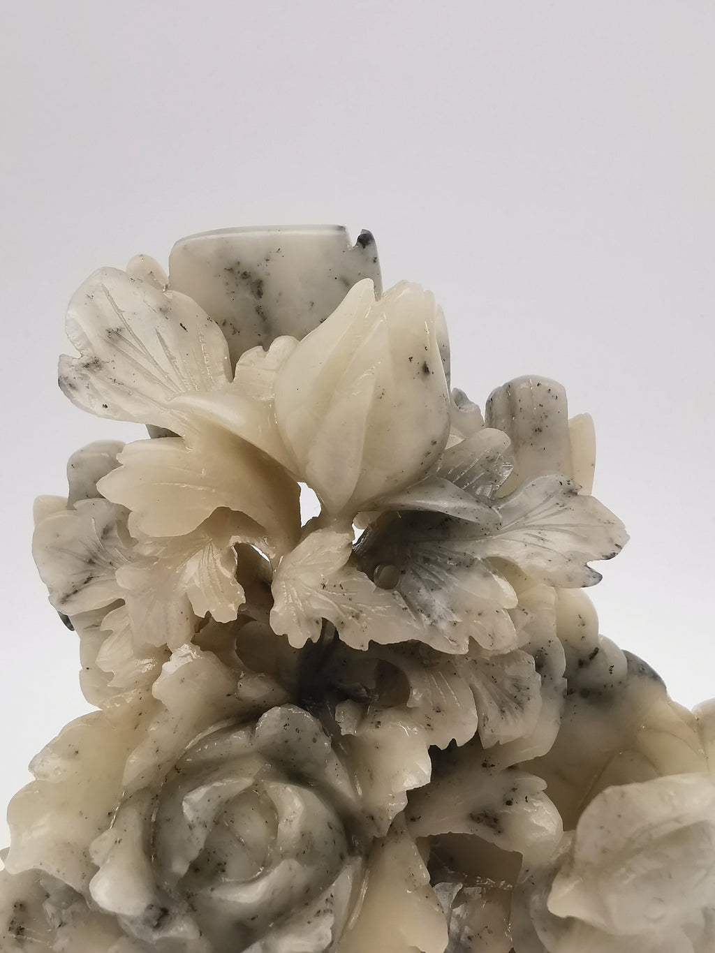Vintage Chinese Hand-Carved Soapstone Rooster and Peony Blossom Sculpture