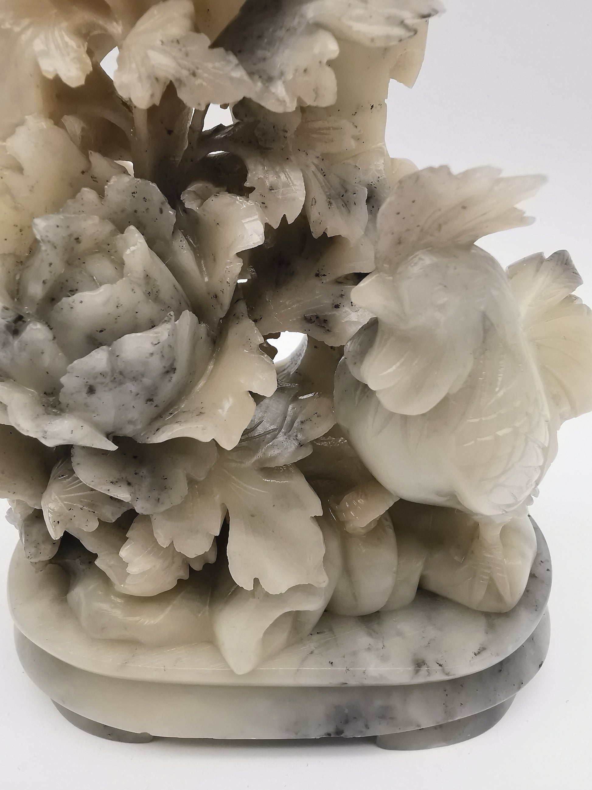 Vintage Chinese Hand-Carved Soapstone Rooster and Peony Blossom Sculpture