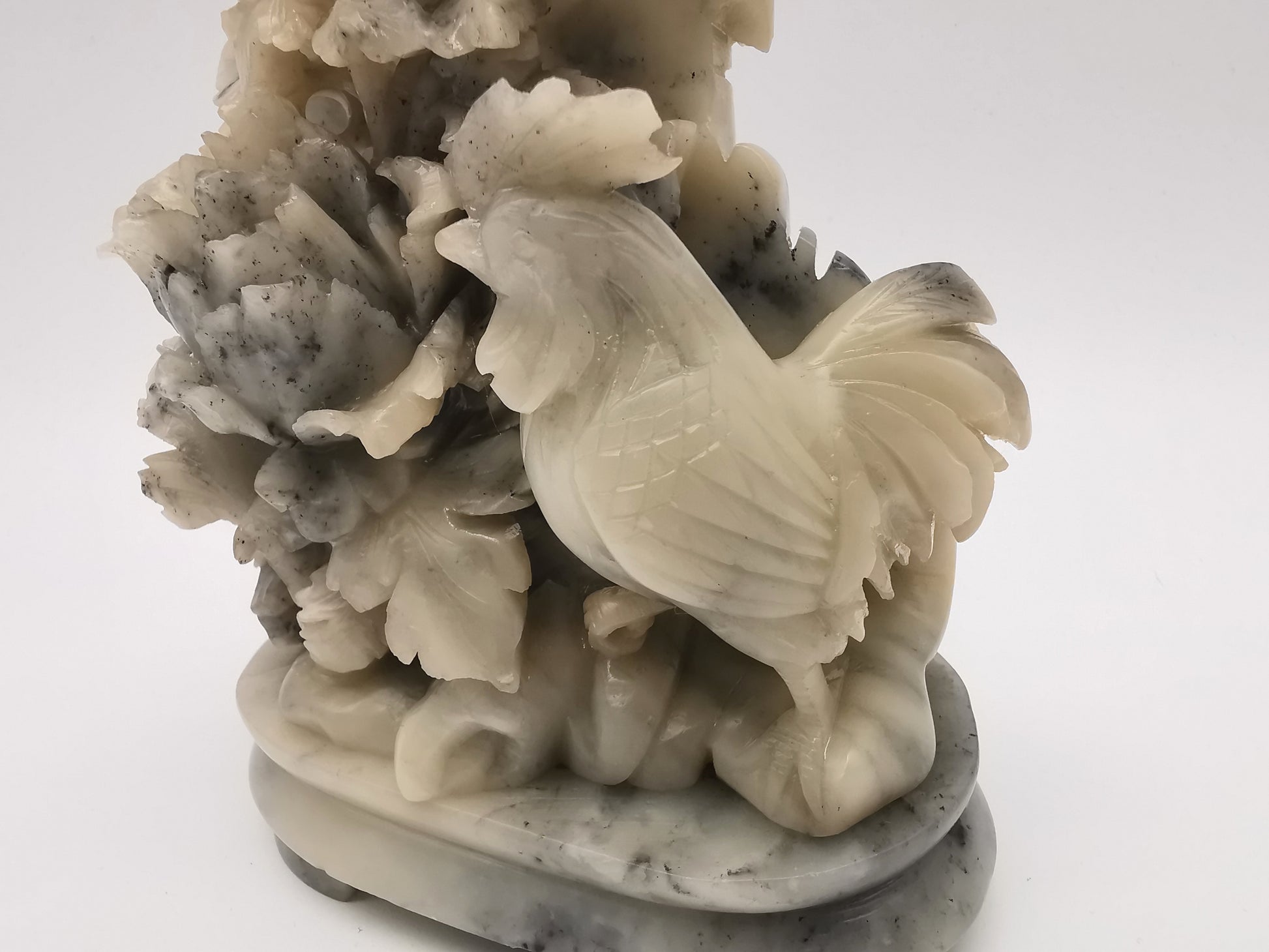 Vintage Chinese Hand-Carved Soapstone Rooster and Peony Blossom Sculpture