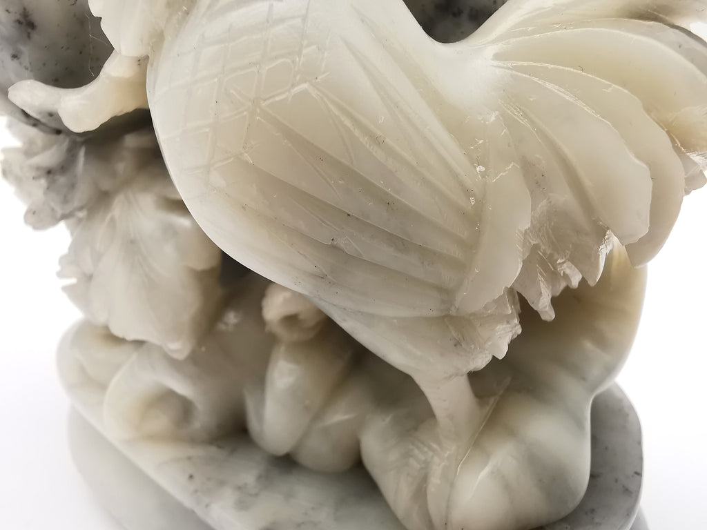 Vintage Chinese Hand-Carved Soapstone Rooster and Peony Blossom Sculpture