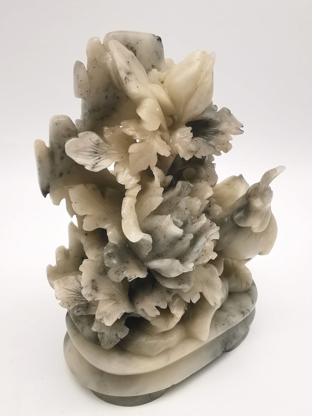 Vintage Chinese Hand-Carved Soapstone Rooster and Peony Blossom Sculpture