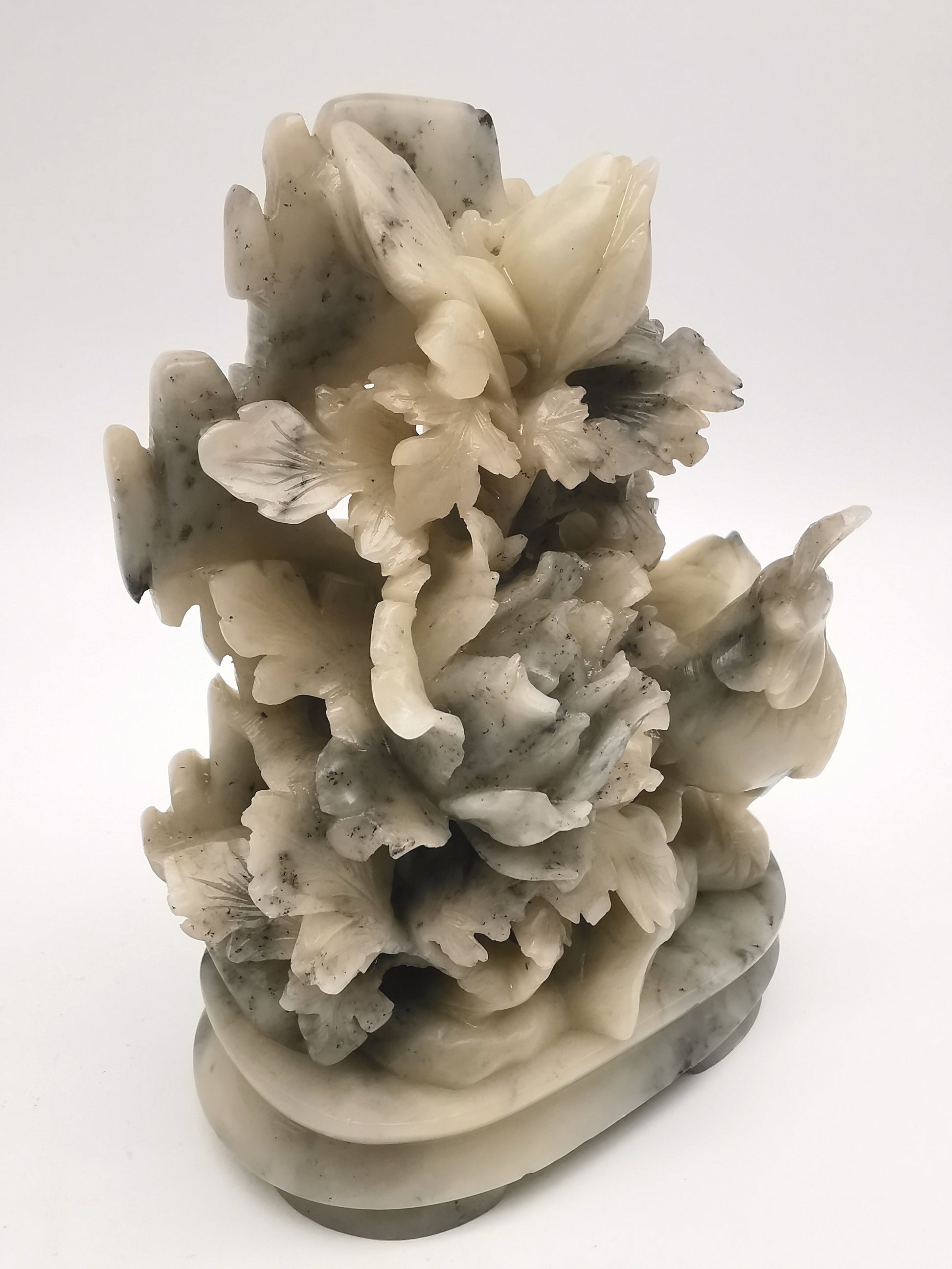 Vintage Chinese Hand-Carved Soapstone Rooster and Peony Blossom Sculpture