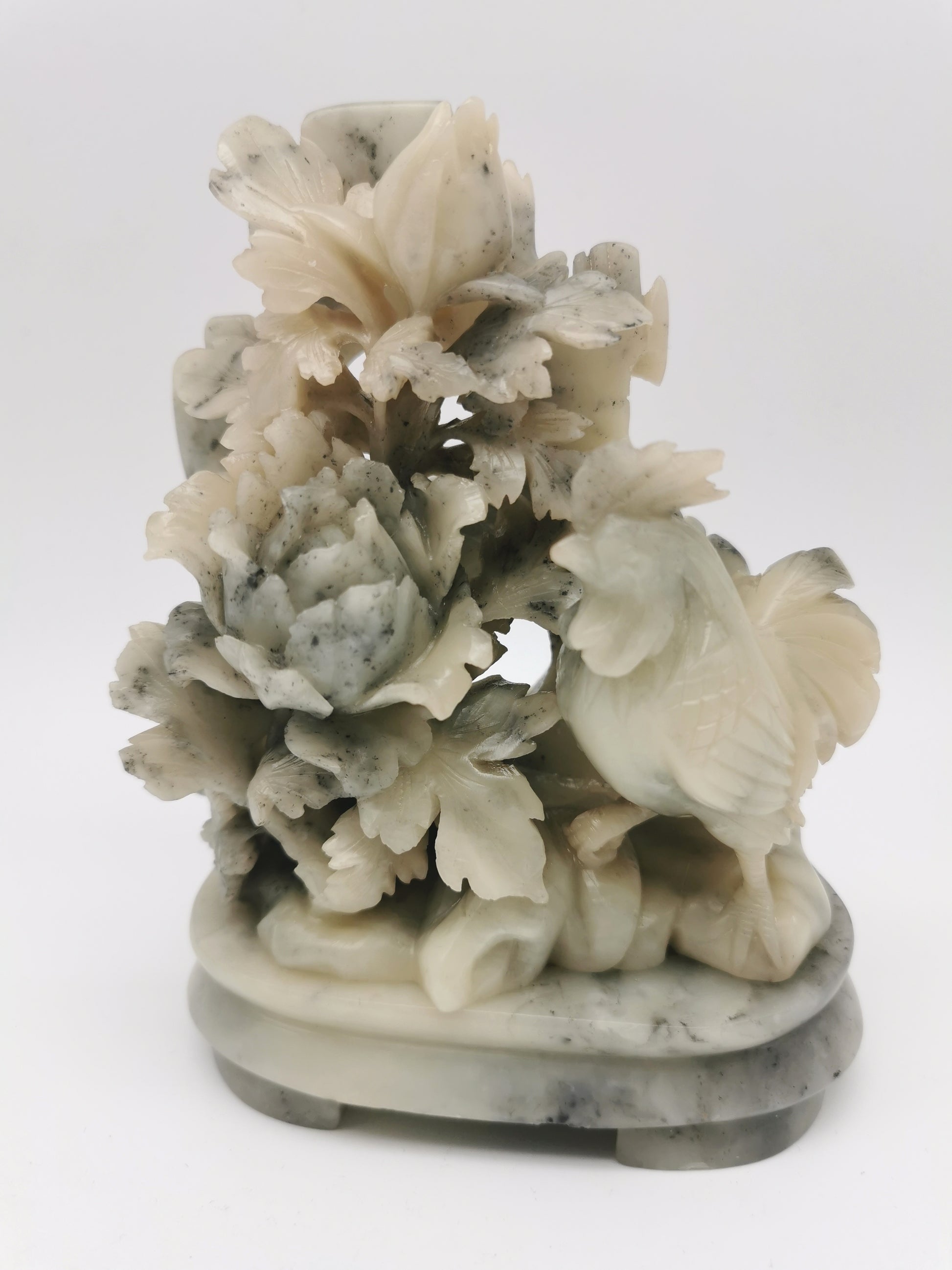 Vintage Chinese Hand-Carved Soapstone Rooster and Peony Blossom Sculpture