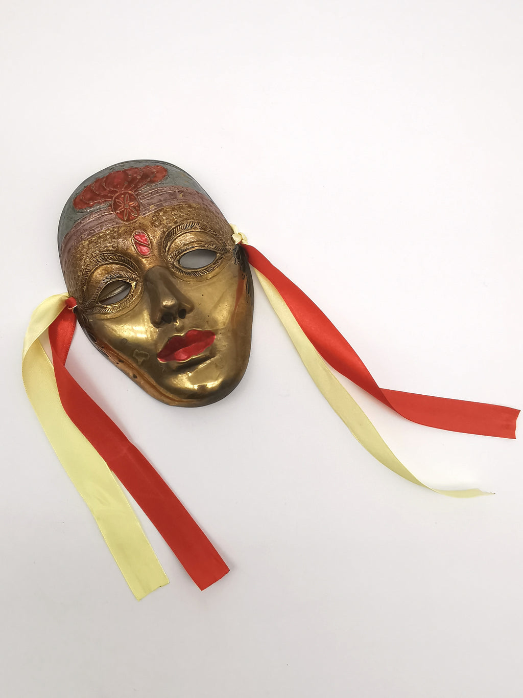 Vintage Venetian Style Brass Carnival Mask/ Hand-Painted Enamel Wall Hanging with Ribbons