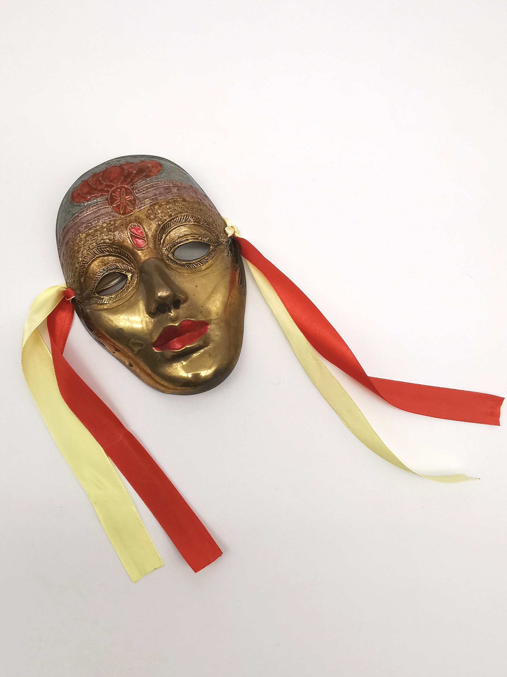 Vintage Venetian Style Brass Carnival Mask/ Hand-Painted Enamel Wall Hanging with Ribbons